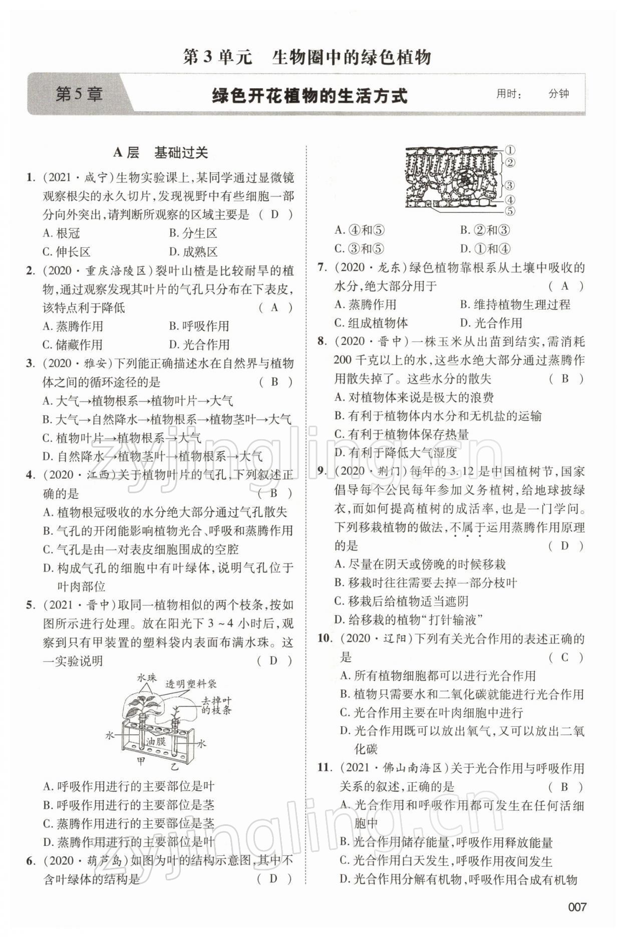 2022年中考状元生物北师大版&nbsp;参考答案第7页