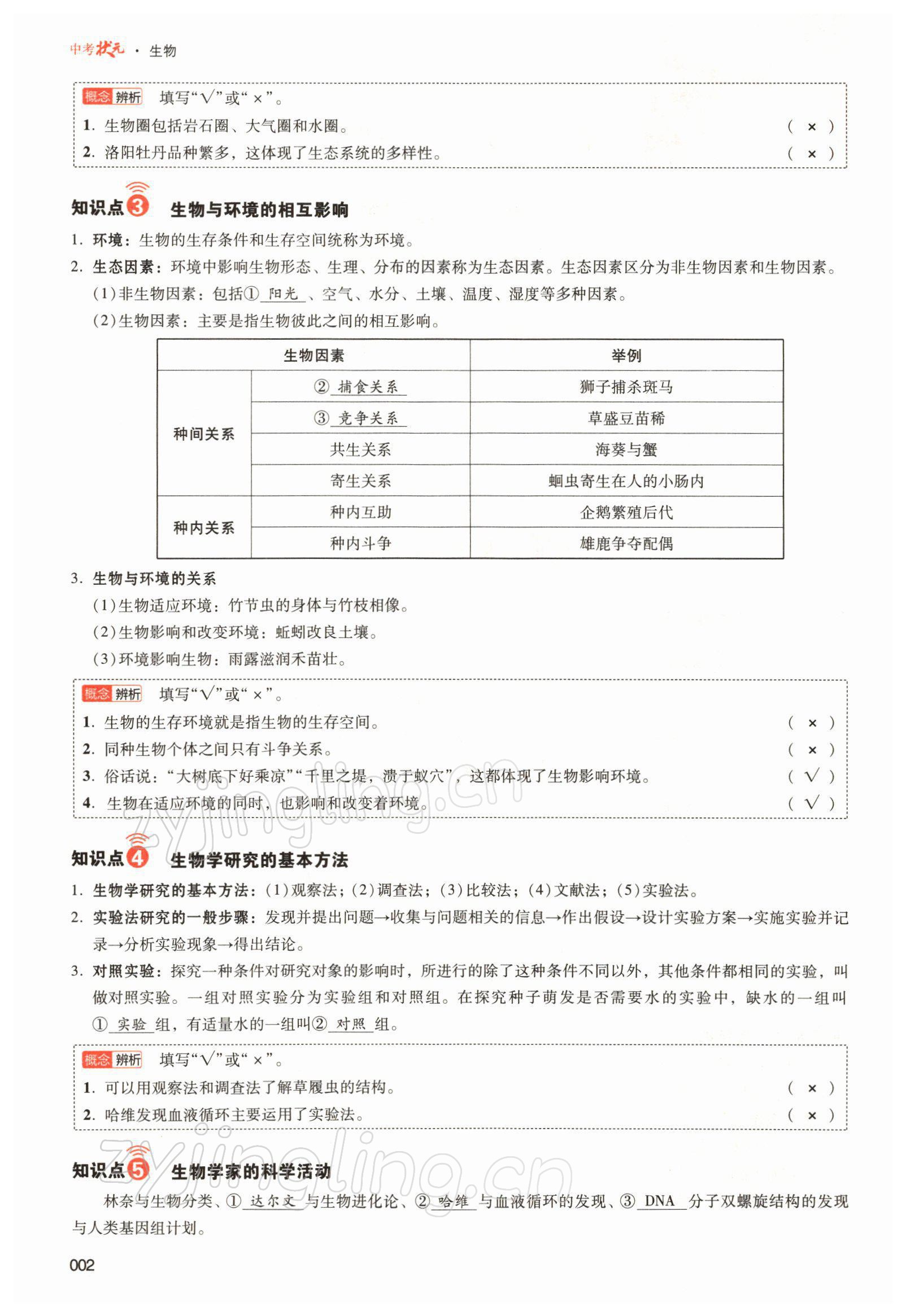 2022年中考状元生物北师大版&nbsp;参考答案第2页