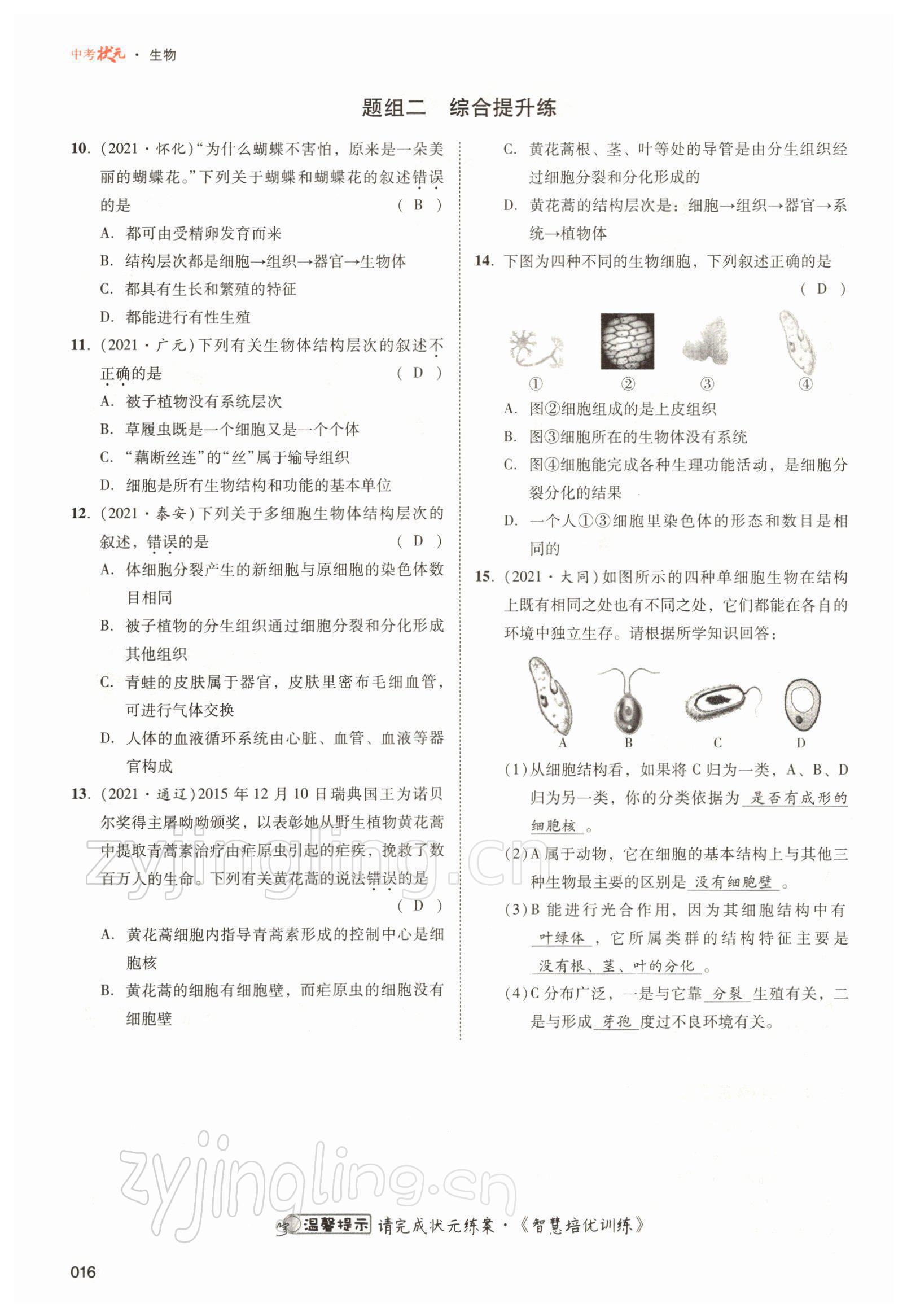 2022年中考状元生物北师大版&nbsp;参考答案第16页