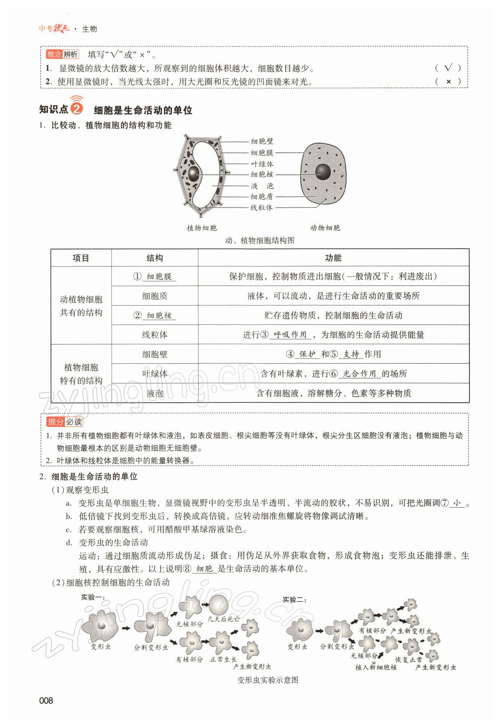 2022年中考状元生物北师大版&nbsp;参考答案第8页