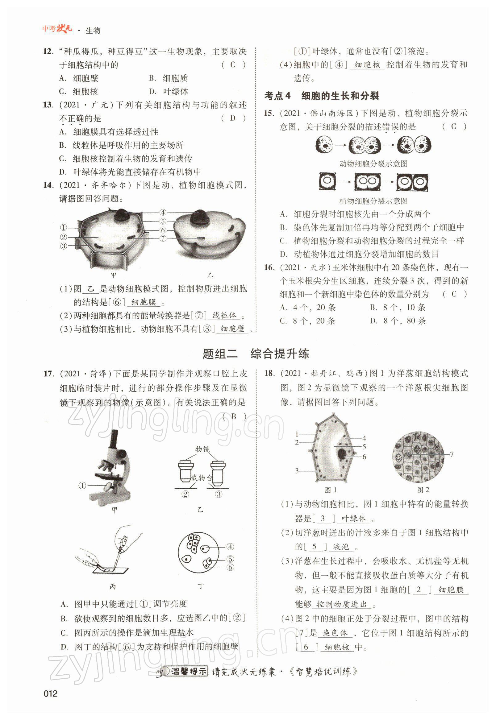 2022年中考状元生物北师大版&nbsp;参考答案第12页