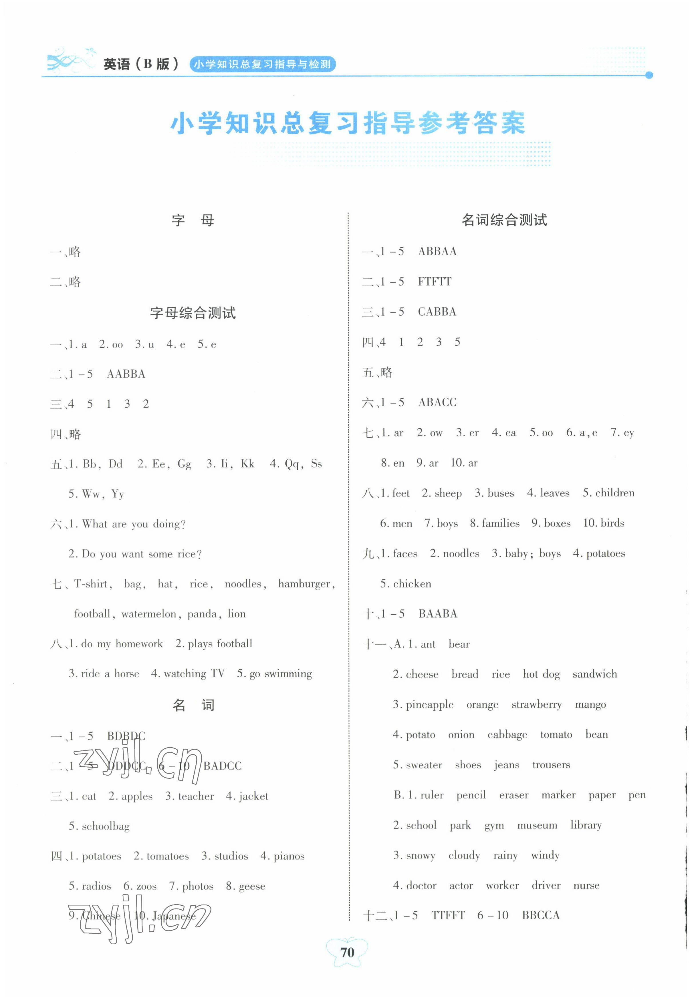 2022年小学知识总复习指导与检测六年级英语B版&nbsp;参考答案第1页