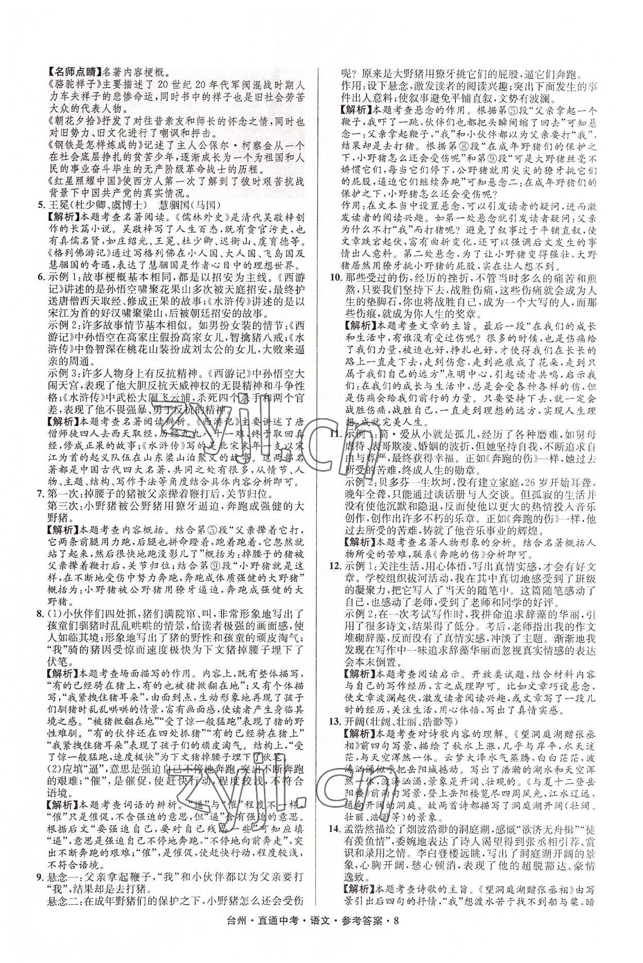 2022年直通中考中考试题精编语文台州专版&nbsp;参考答案第8页