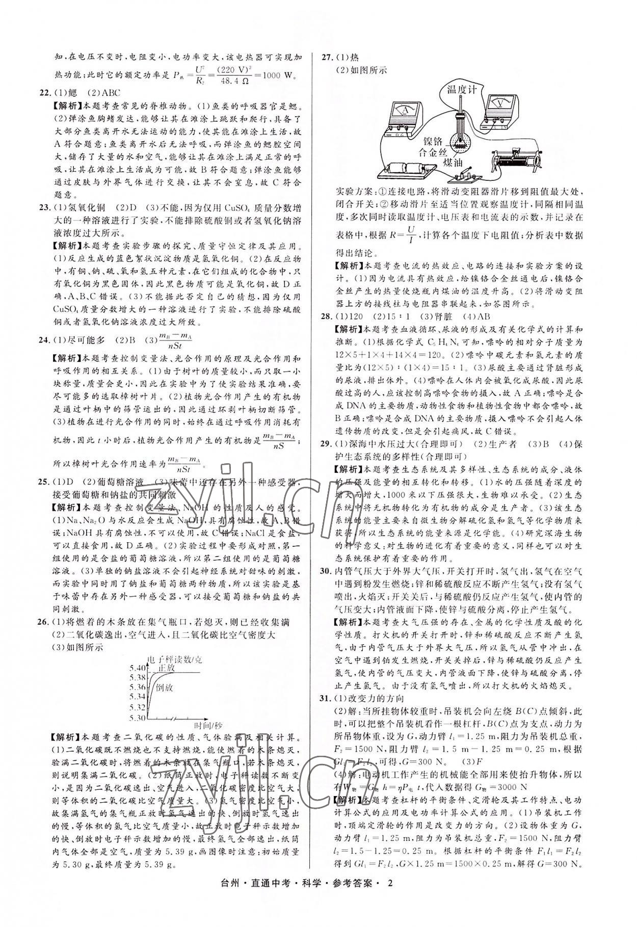 2022年直通中考中考试题精编科学台州专版&nbsp;参考答案第2页