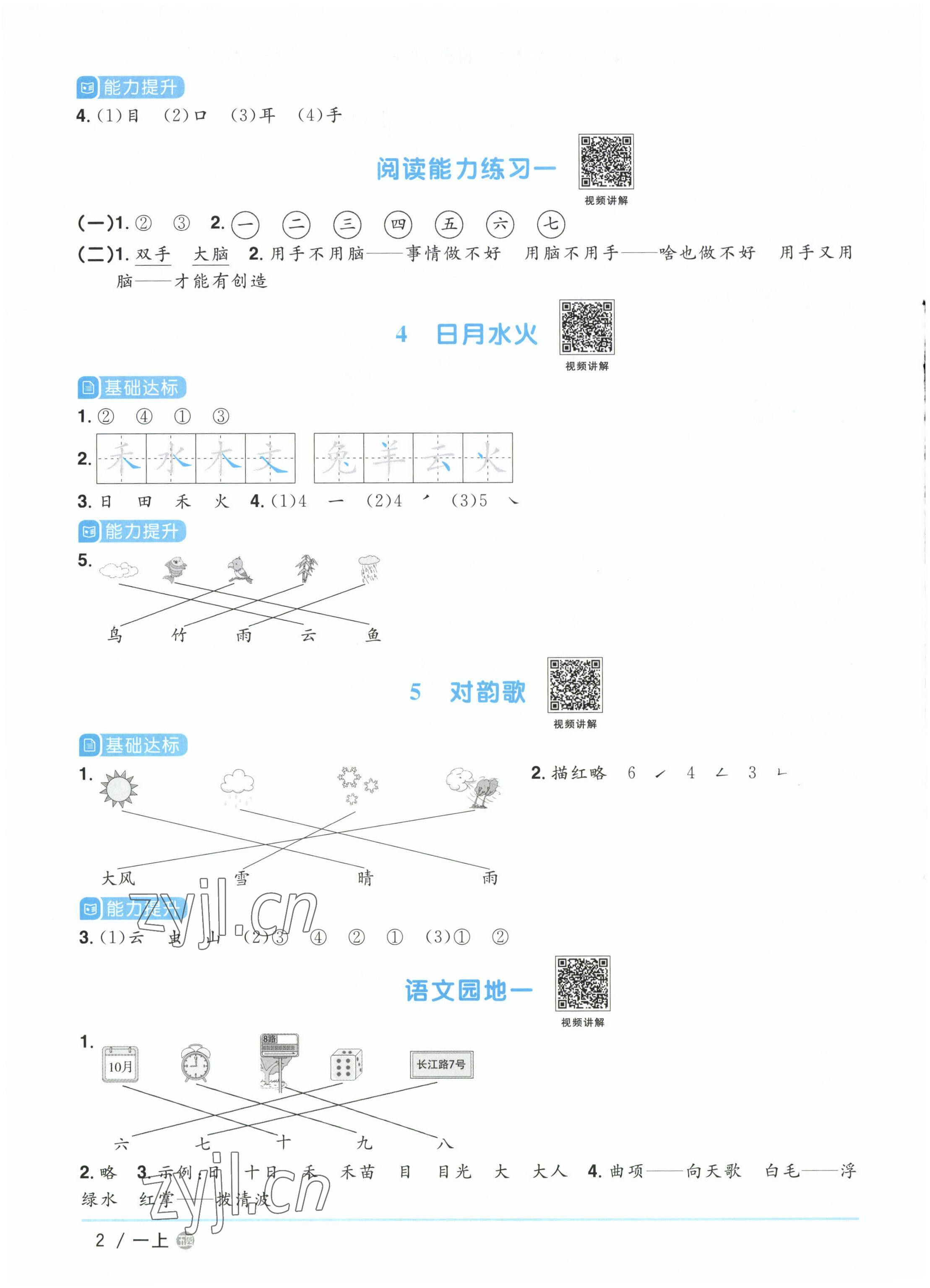 2022年阳光同学课时优化作业一年级语文上册人教版五四制&nbsp;参考答案第2页
