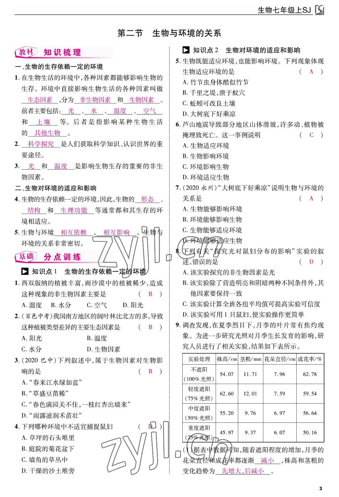 2022年我的作业七年级生物上册苏教版&nbsp;参考答案第3页