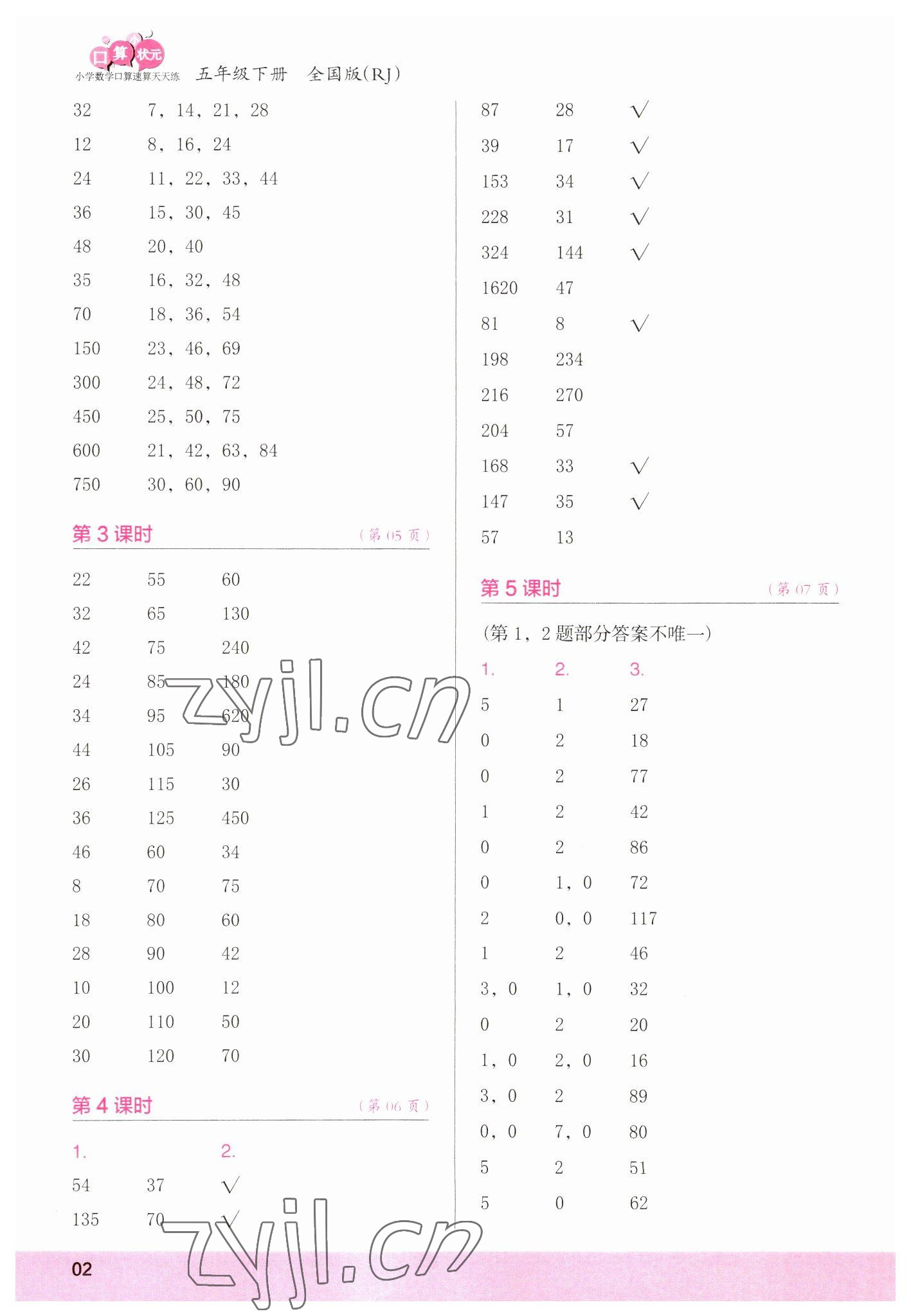 2023年口算小状元口算速算天天练五年级数学下册人教版&nbsp;参考答案第2页