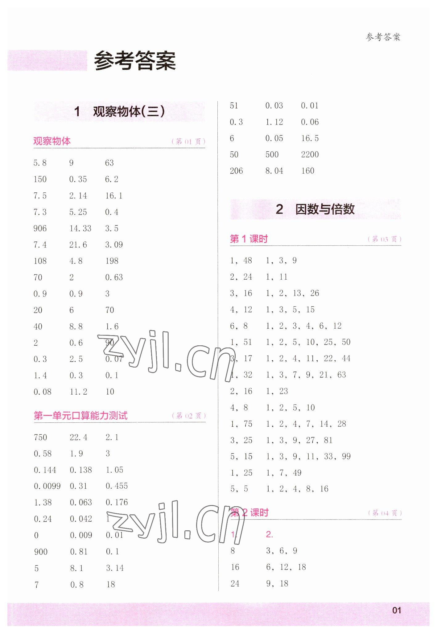 2023年口算小状元口算速算天天练五年级数学下册人教版&nbsp;参考答案第1页