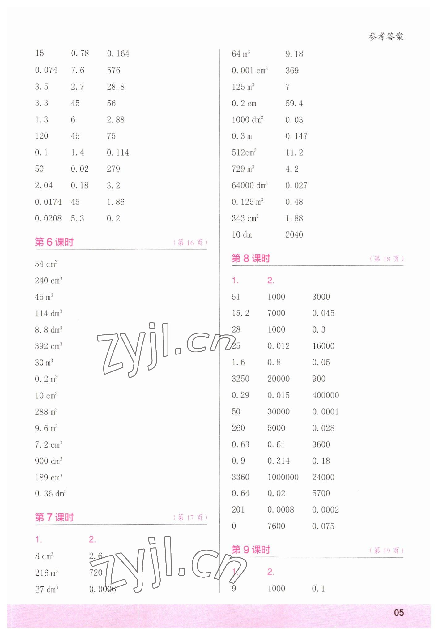 2023年口算小状元口算速算天天练五年级数学下册人教版&nbsp;参考答案第5页