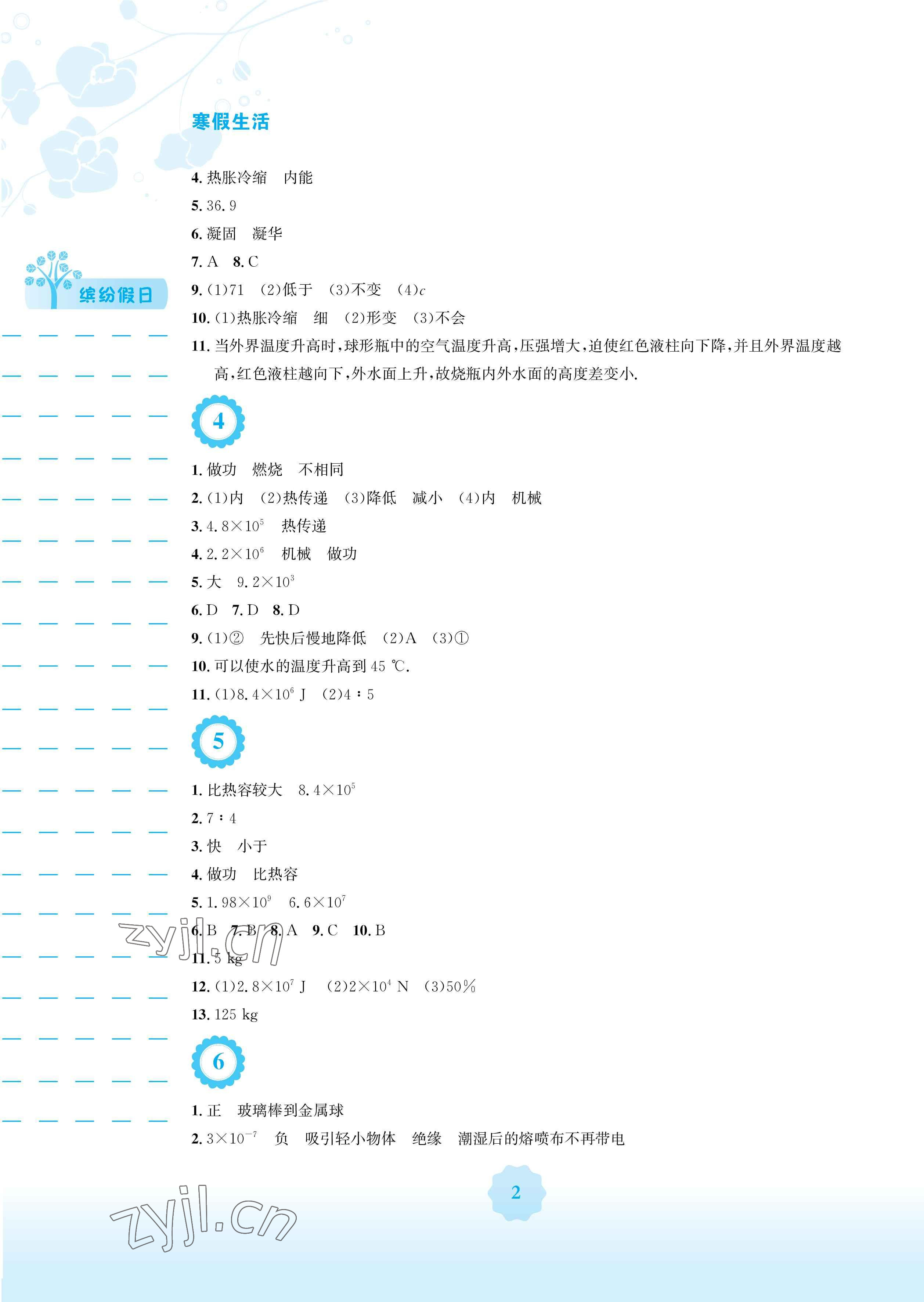 2023年寒假生活安徽教育出版社九年级物理通用S版&nbsp;参考答案第2页