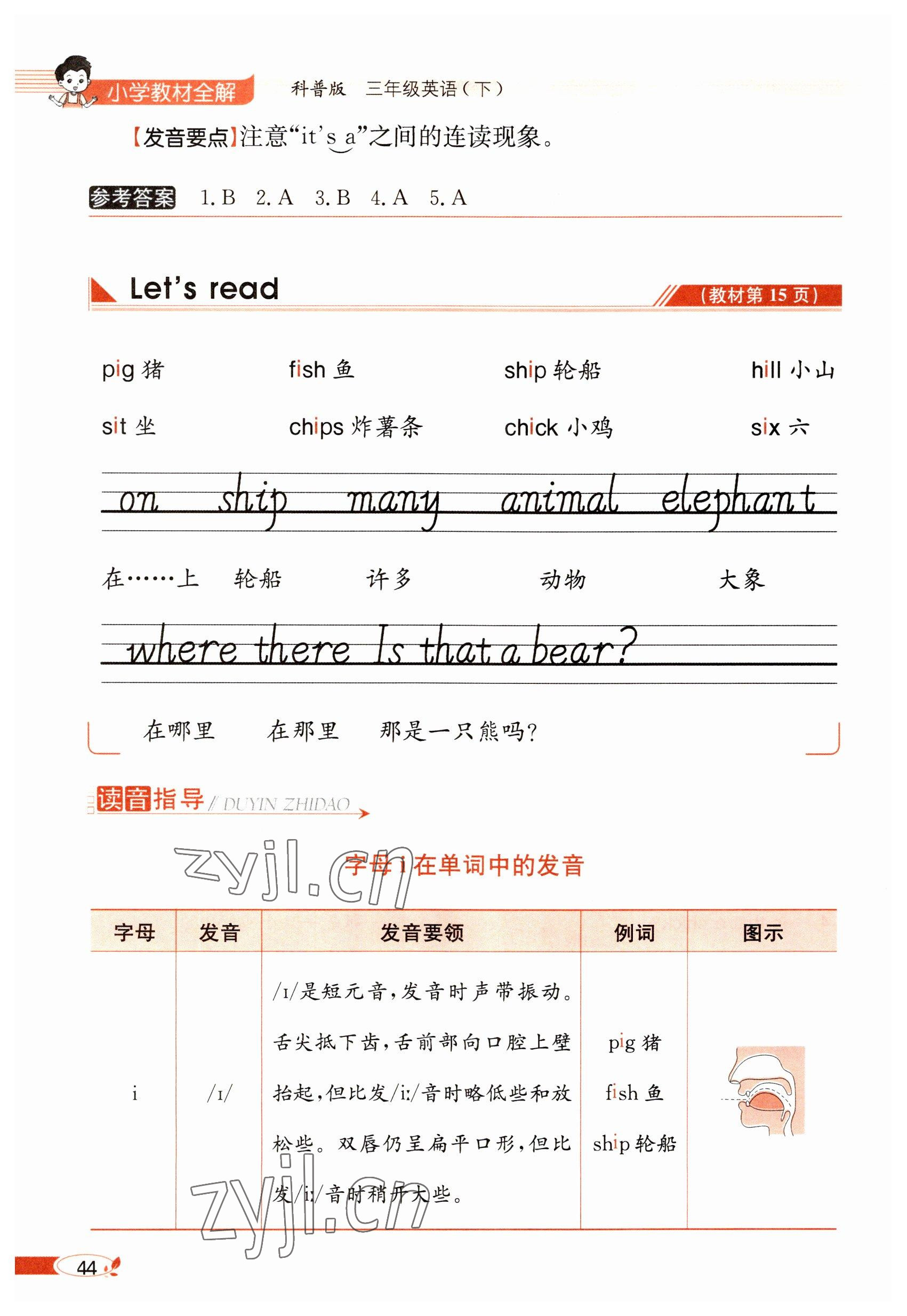 2025年教材课本三年级英语下册科普版&nbsp;参考答案第44页
