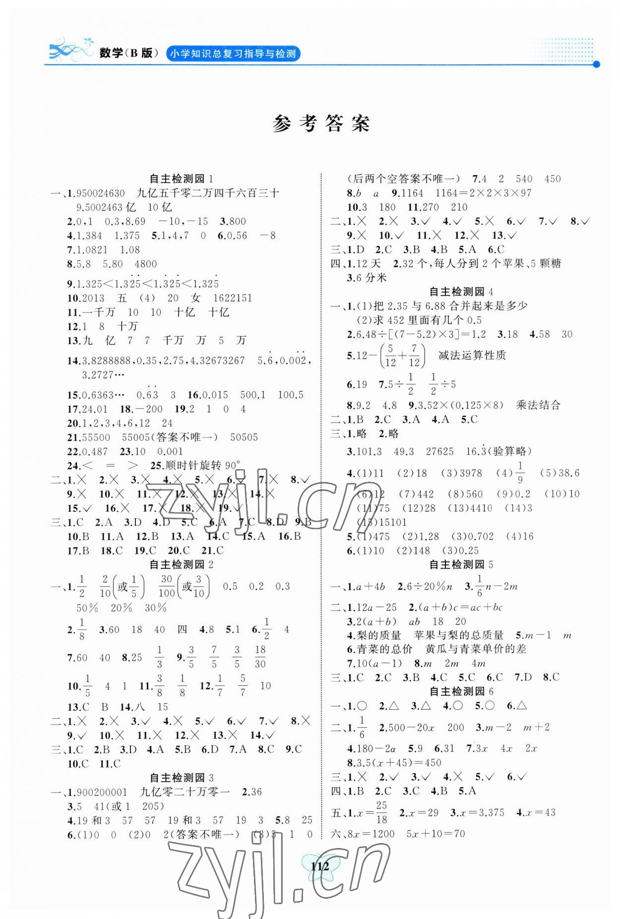 2023年大显身手小学知识总复习指导与检测数学人教版B版&nbsp;参考答案第1页