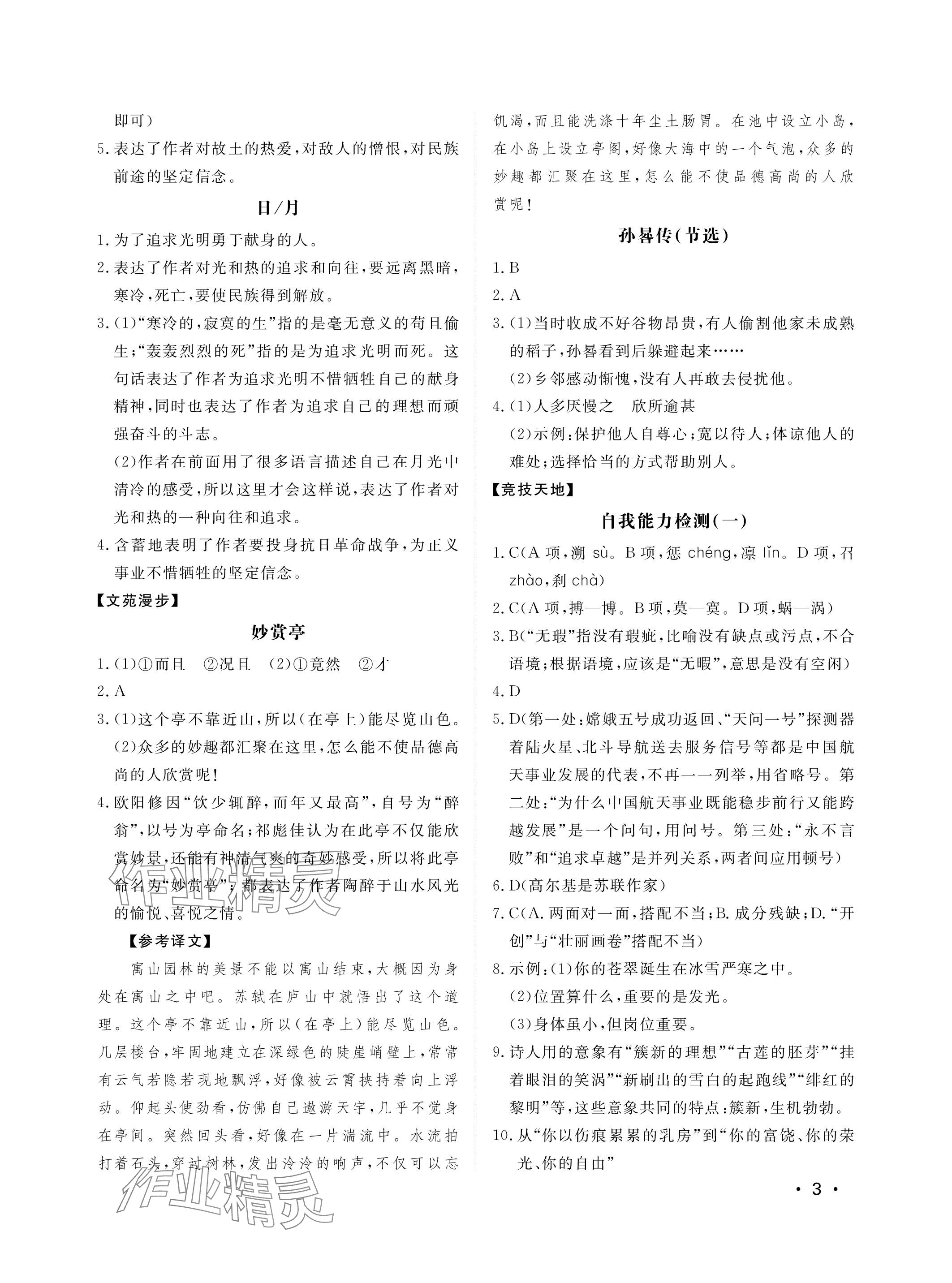 2024年行知天下九年级语文下册人教版&nbsp;参考答案第3页