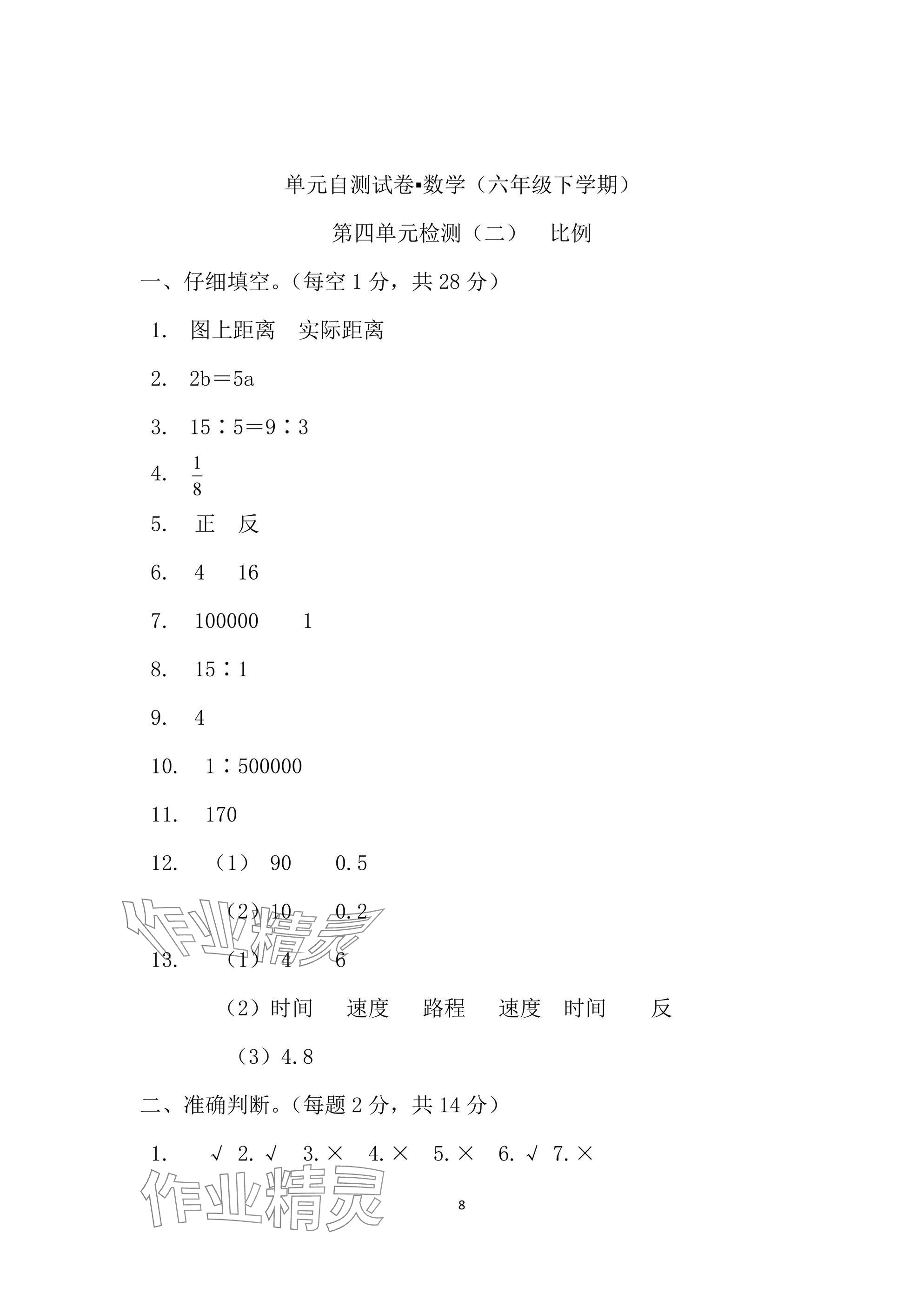 2025年单元自测试卷六年级数学下学期人教版&nbsp;参考答案第8页
