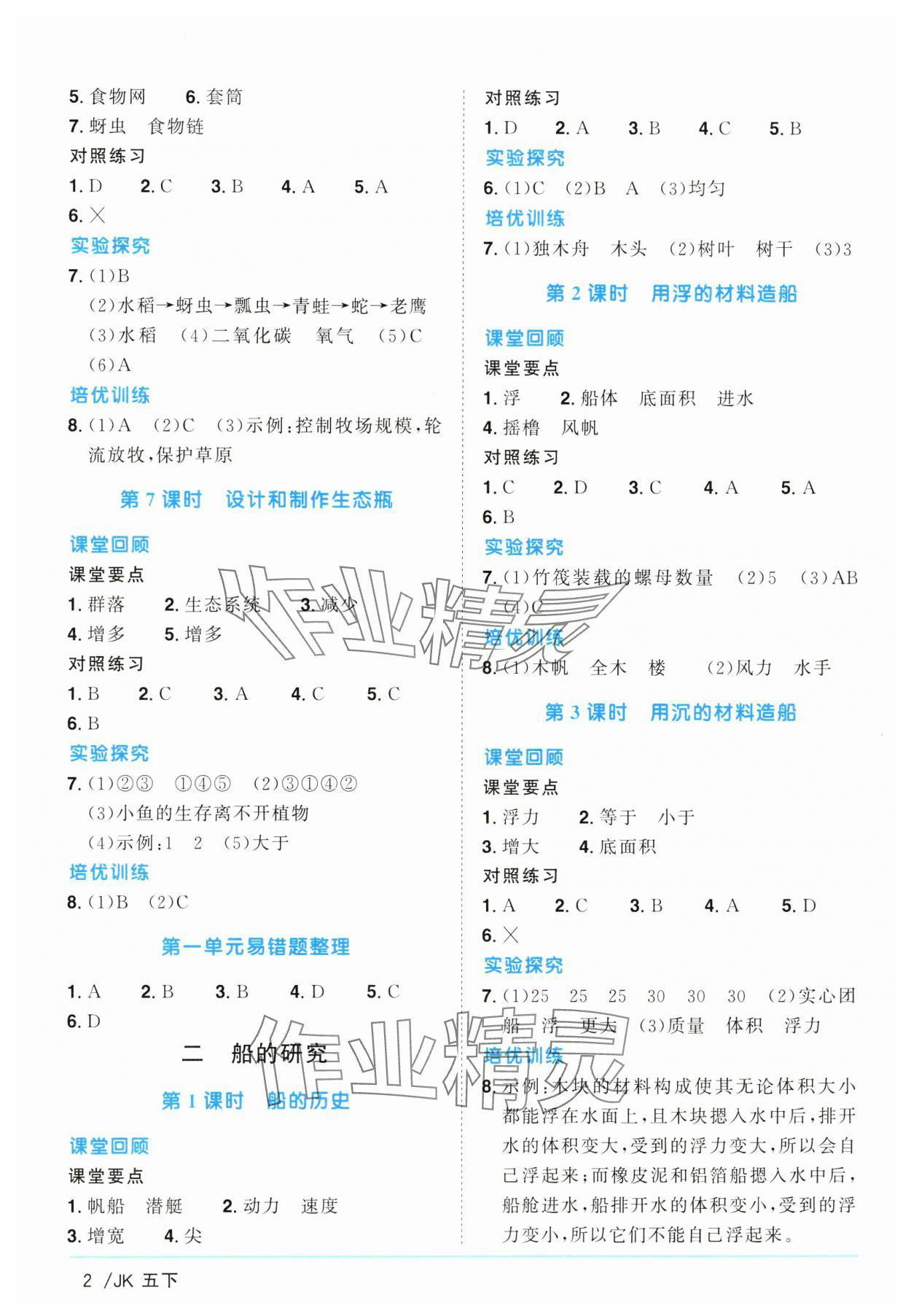 2025年阳光同学课时优化作业五年级科学下册教科版&nbsp;参考答案第2页