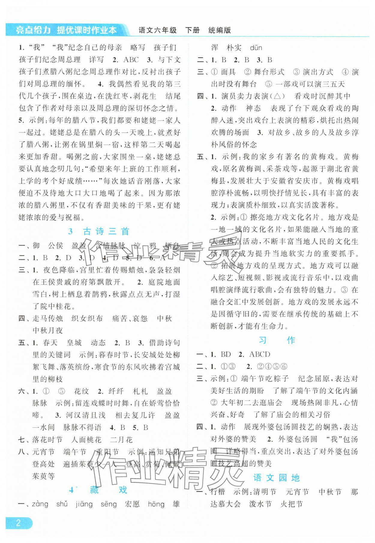 2025年亮点给力提优课时作业本六年级语文下册人教版浙江专版&nbsp;参考答案第2页
