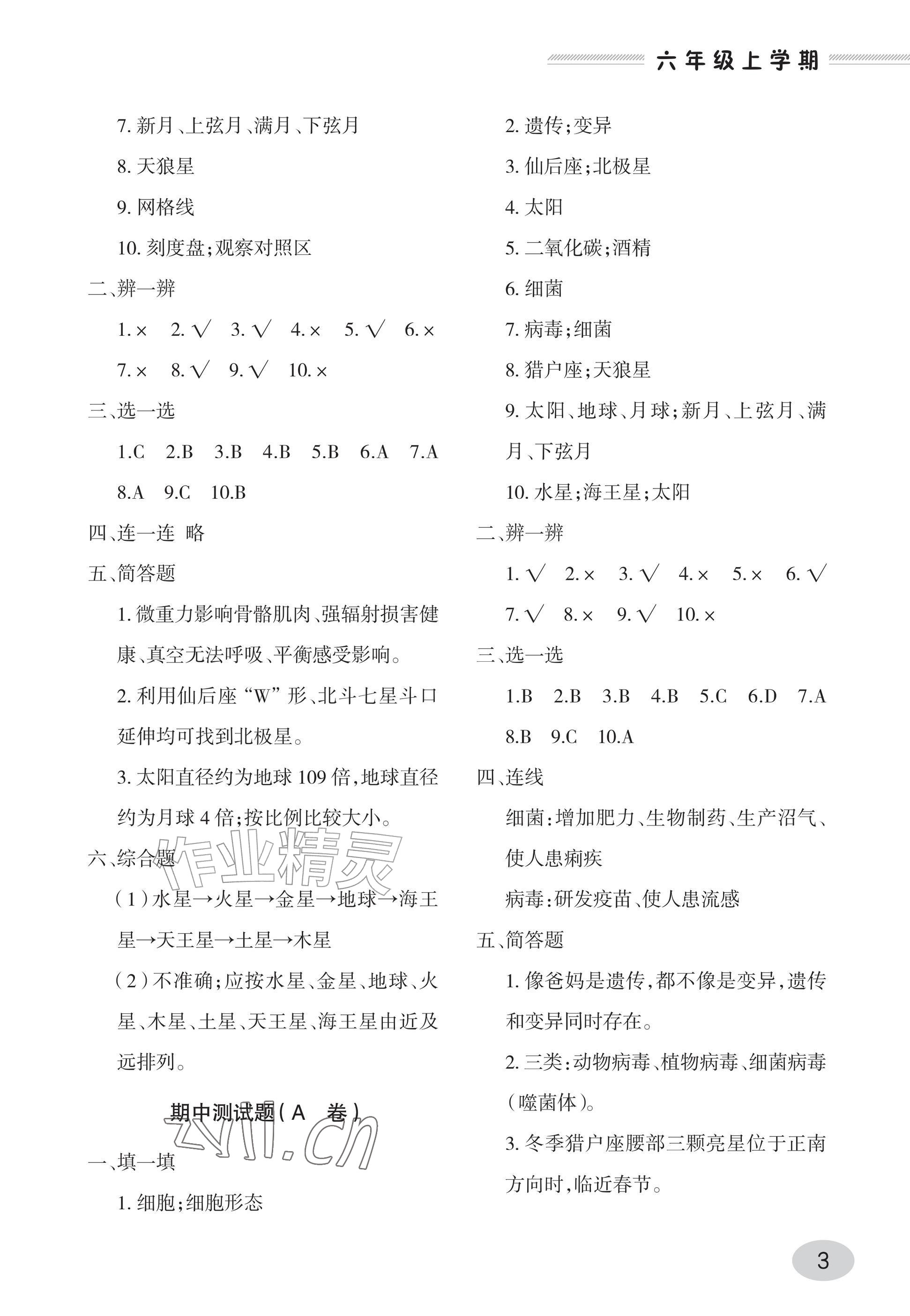 2026年单元自测试卷青岛出版社六年级科学上册青岛版&nbsp;参考答案第3页