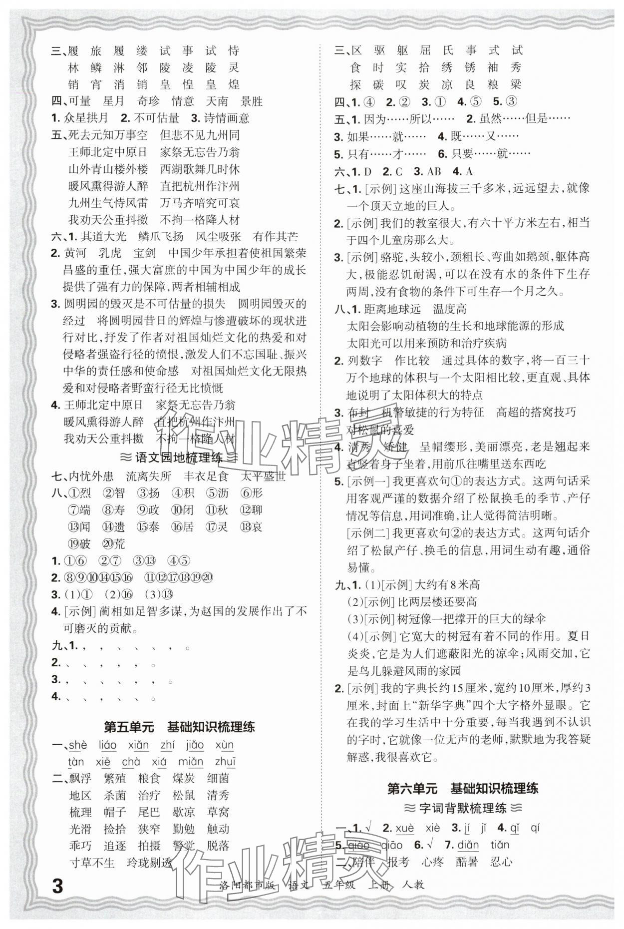 2024年王朝霞各地期末试卷精选五年级语文上册人教版洛阳专版&nbsp;参考答案第3页