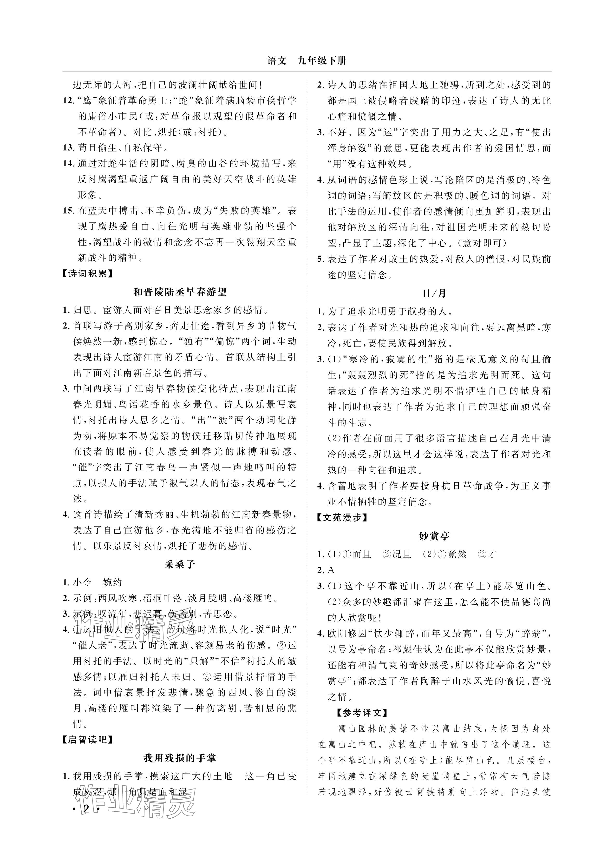 2025年行知天下九年级语文下册人教版&nbsp;参考答案第2页