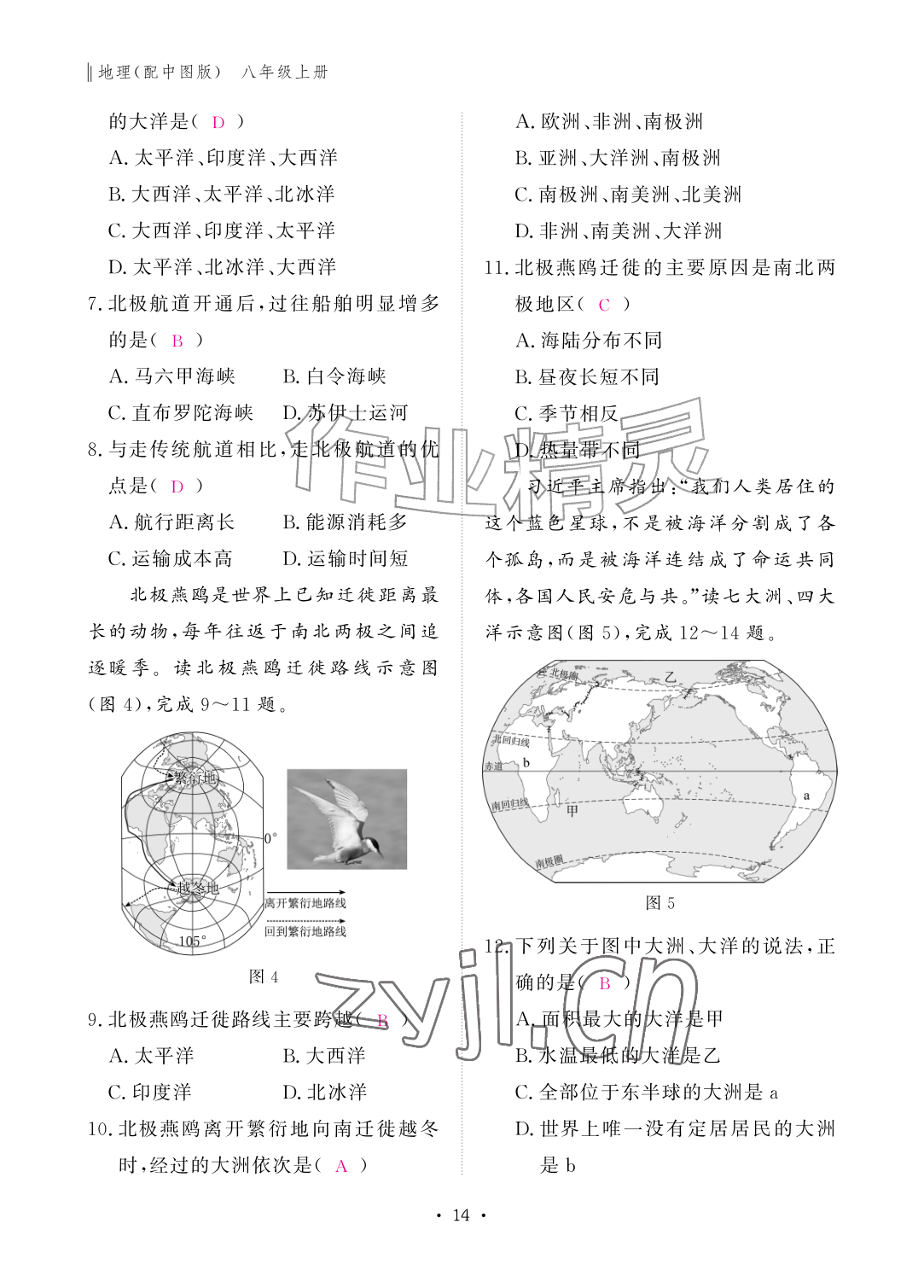 2026年作业本江西教育出版社八年级地理上册中图版&nbsp;参考答案第14页