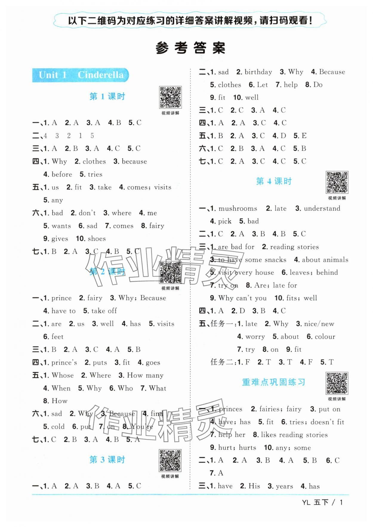 2024年阳光同学课时优化作业五年级英语下册译林版江苏专版&nbsp;参考答案第1页