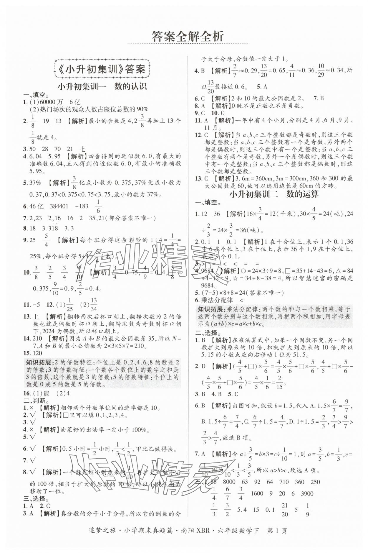 2024年追梦之旅小学期末真题篇六年级数学下册人教版南阳专版&nbsp;参考答案第1页