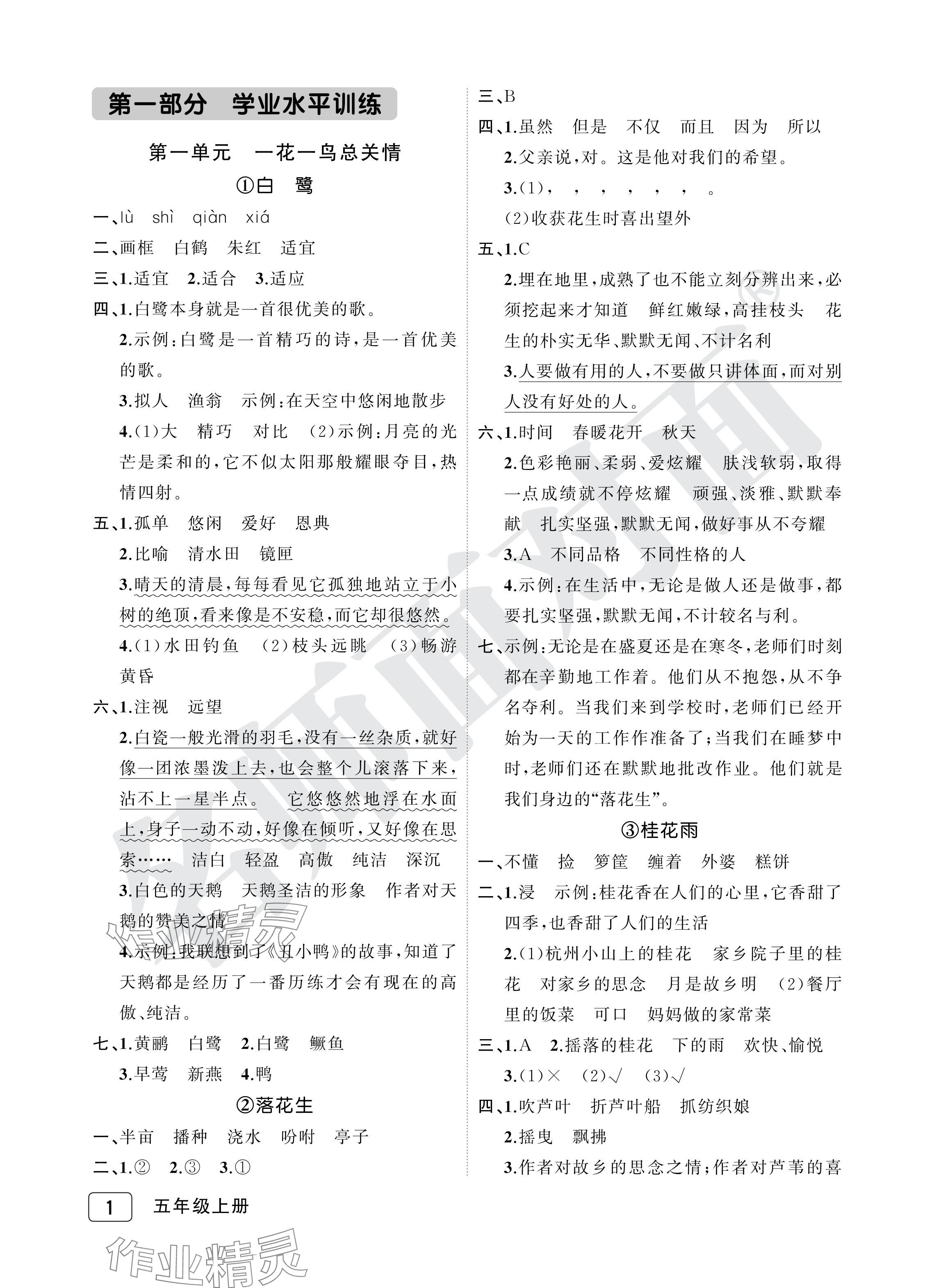 2024年名师面对面先学后练五年级语文上册人教版评议教辅专版&nbsp;参考答案第1页