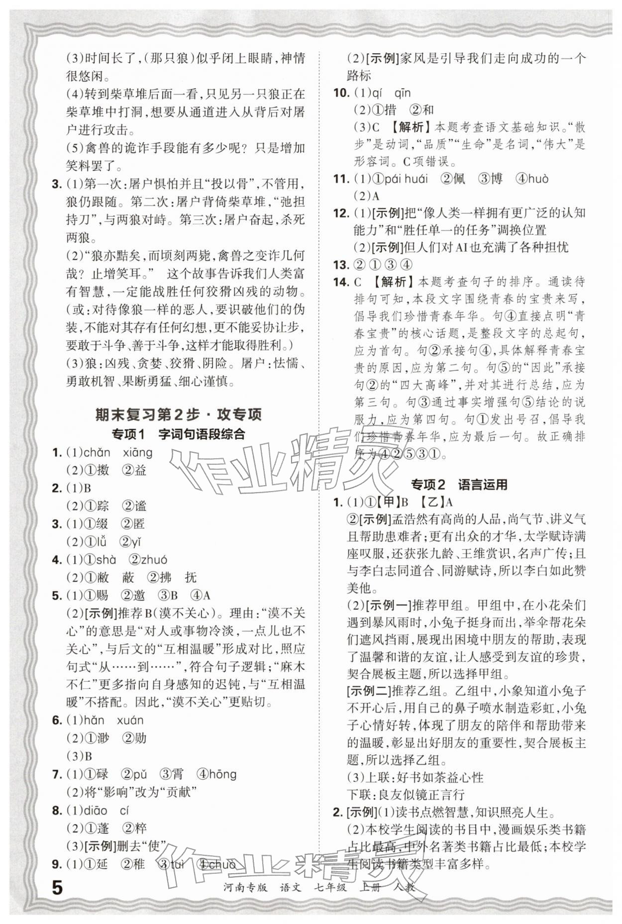 2025年王朝霞各地期末试卷精选七年级语文上册人教版河南专版&nbsp;参考答案第5页