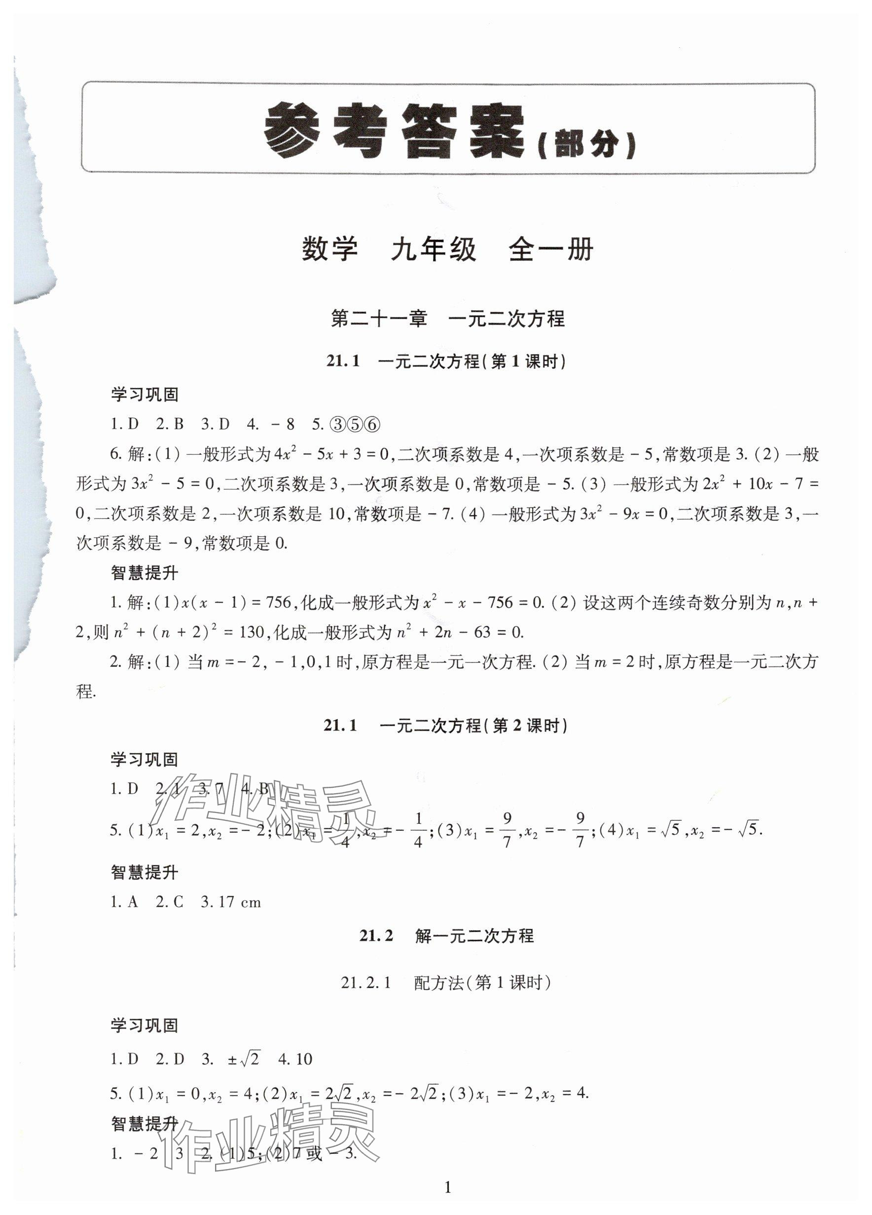 2025年智慧学习明天出版社九年级数学全一册人教版&nbsp;参考答案第1页
