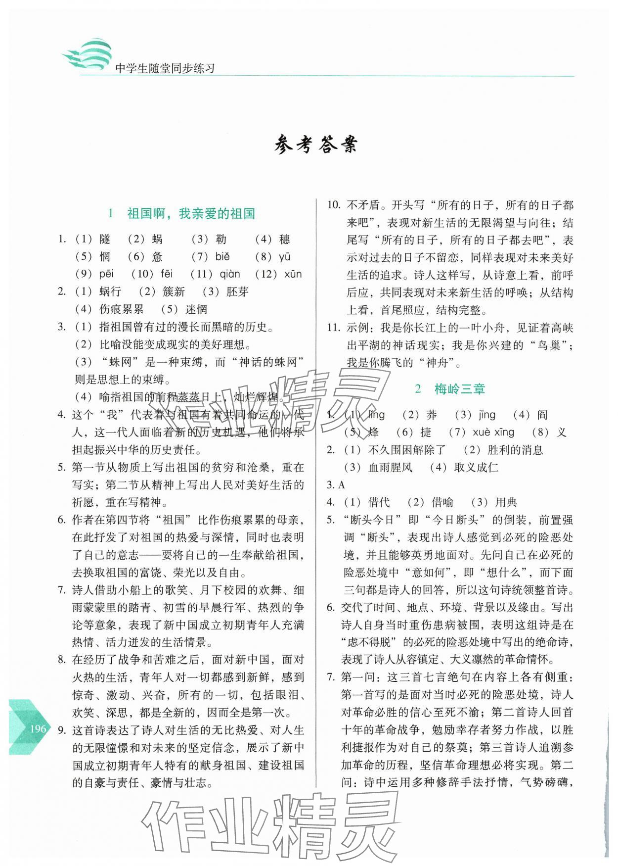 2024年随堂同步练习九年级语文下册人教版&nbsp;参考答案第1页