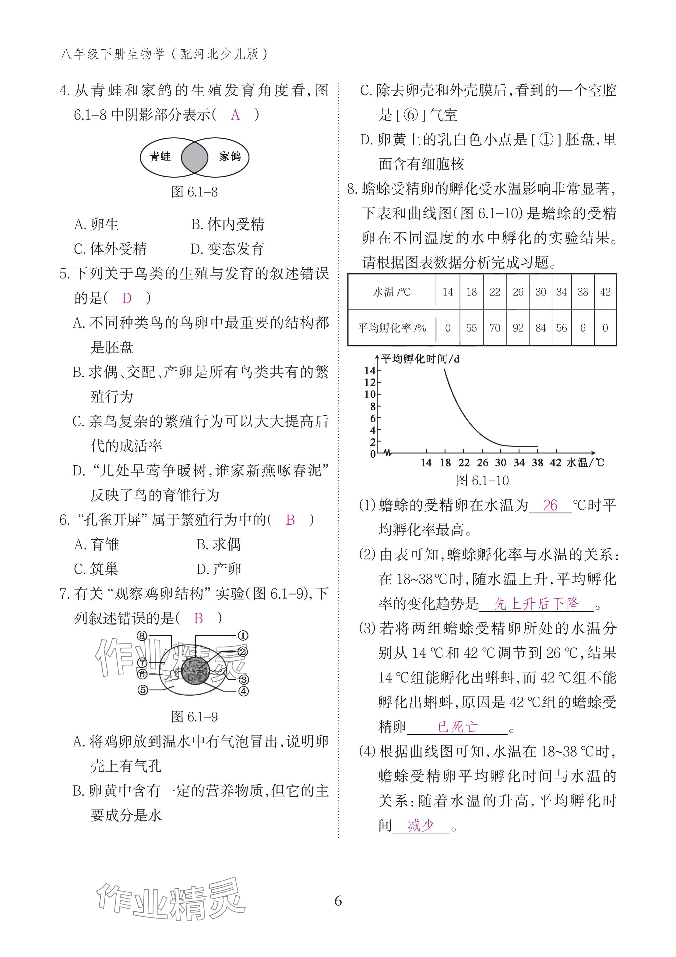 2025年作业本江西教育出版社八年级生物下册冀少版&nbsp;参考答案第6页
