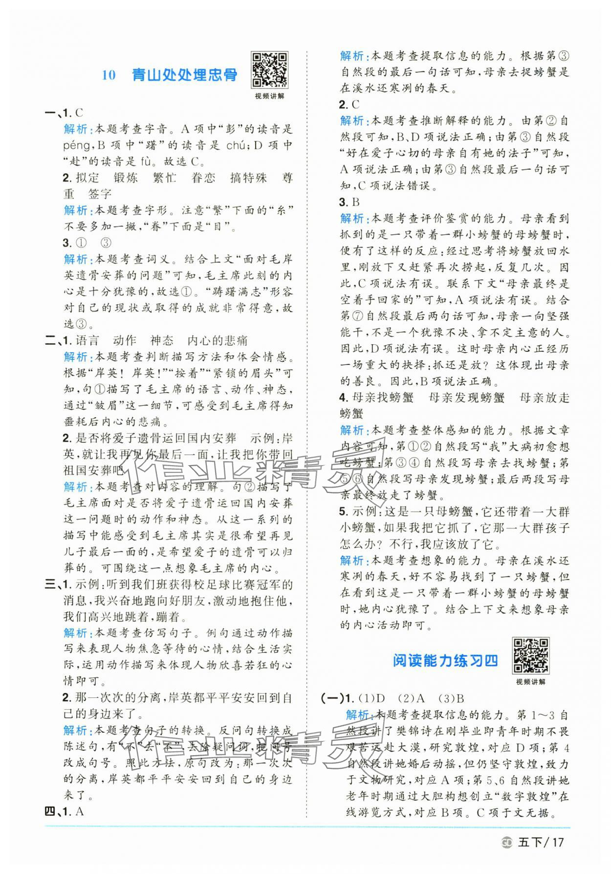 2025年阳光同学课时优化作业五年级语文下册人教版广东专版&nbsp;参考答案第17页