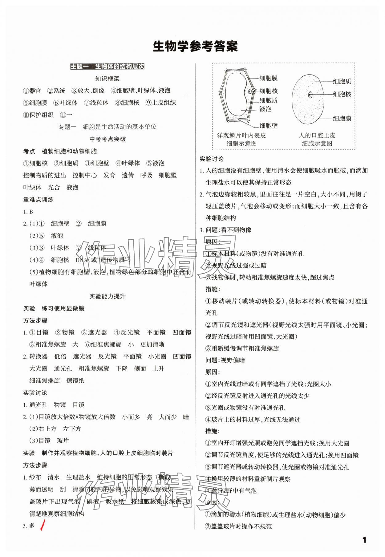 2025年滚动迁移中考总复习生物山西专版&nbsp;参考答案第1页