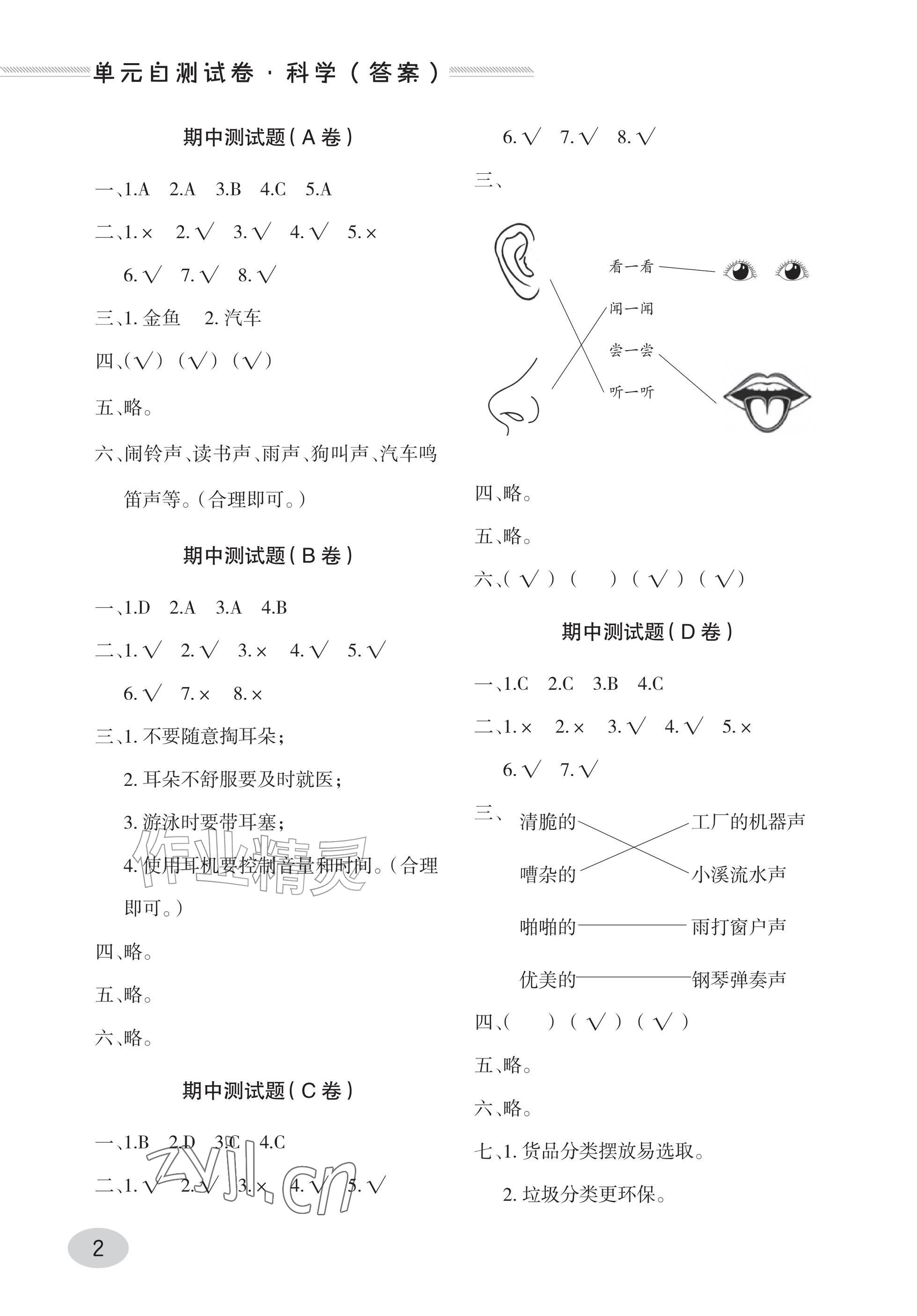 2025年单元自测试卷青岛出版社一年级科学上册青岛版&nbsp;参考答案第2页