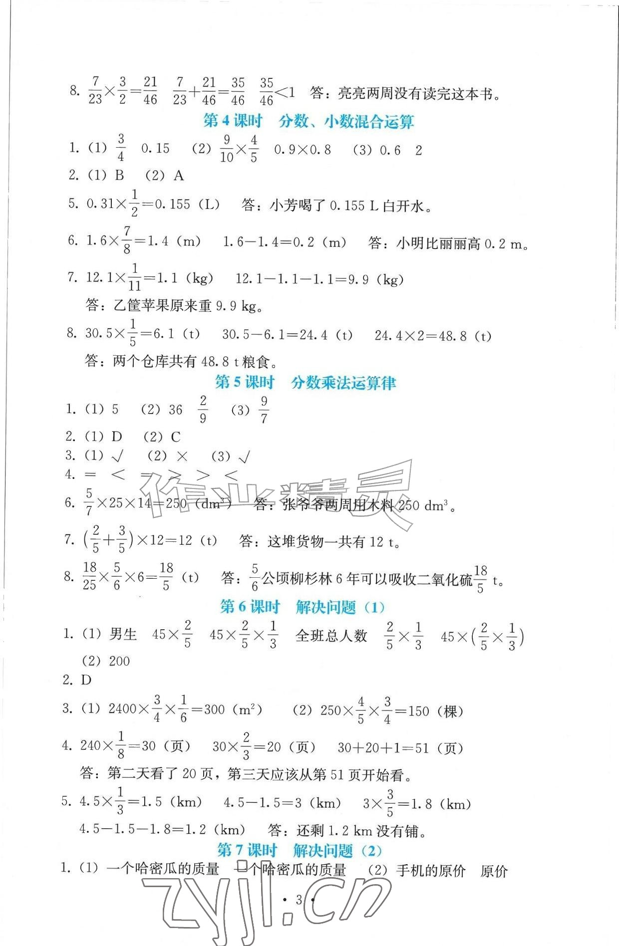 2026年人教金学典同步解析与测评六年级数学上册人教版辽宁专版&nbsp;参考答案第3页