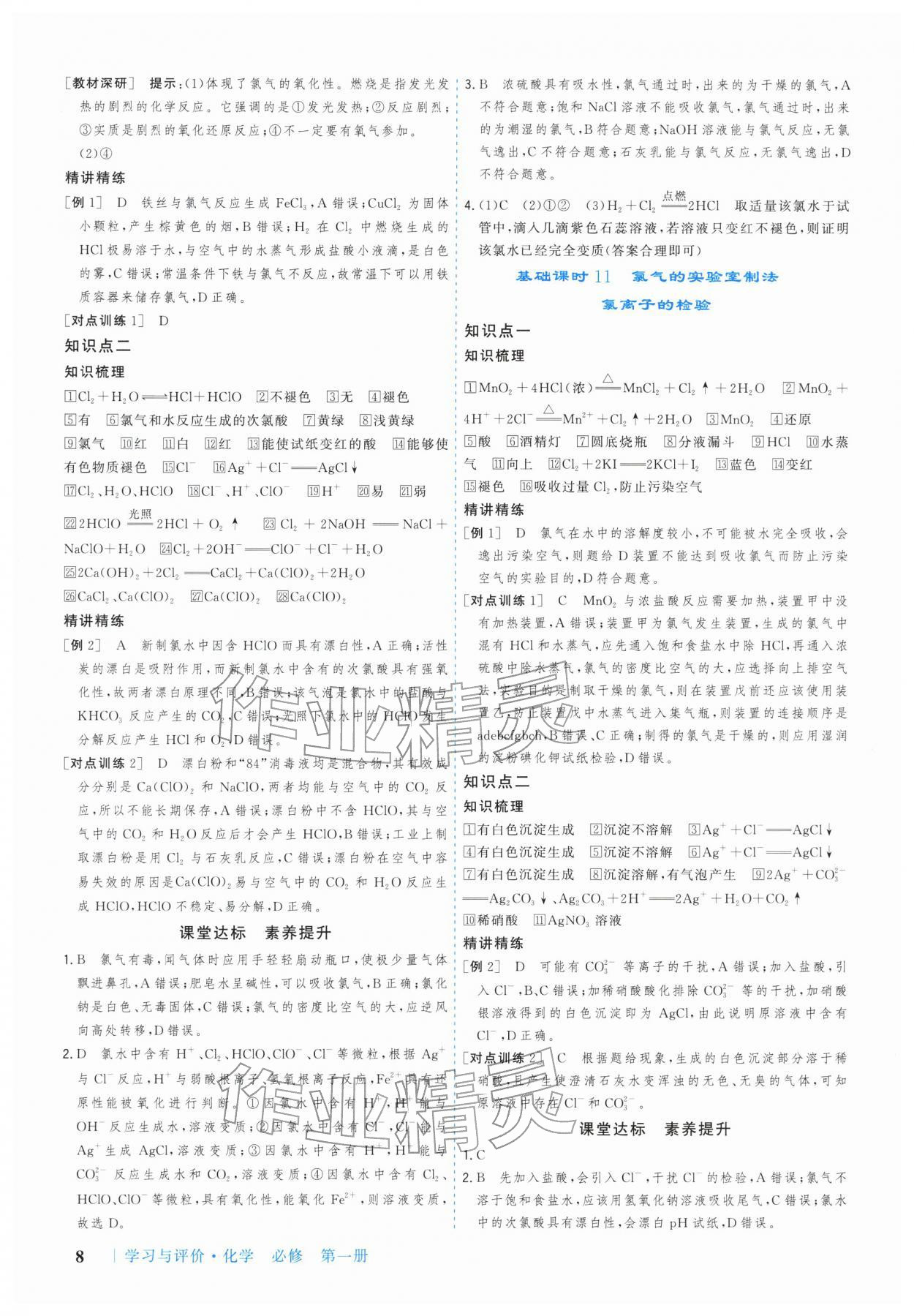 2025年学习与评价广州出版社高中化学必修第一册人教版&nbsp;参考答案第8页