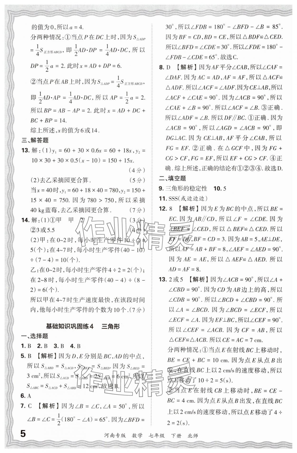 2024年王朝霞各地期末试卷精选七年级数学下册北师大版河南专版&nbsp;参考答案第5页