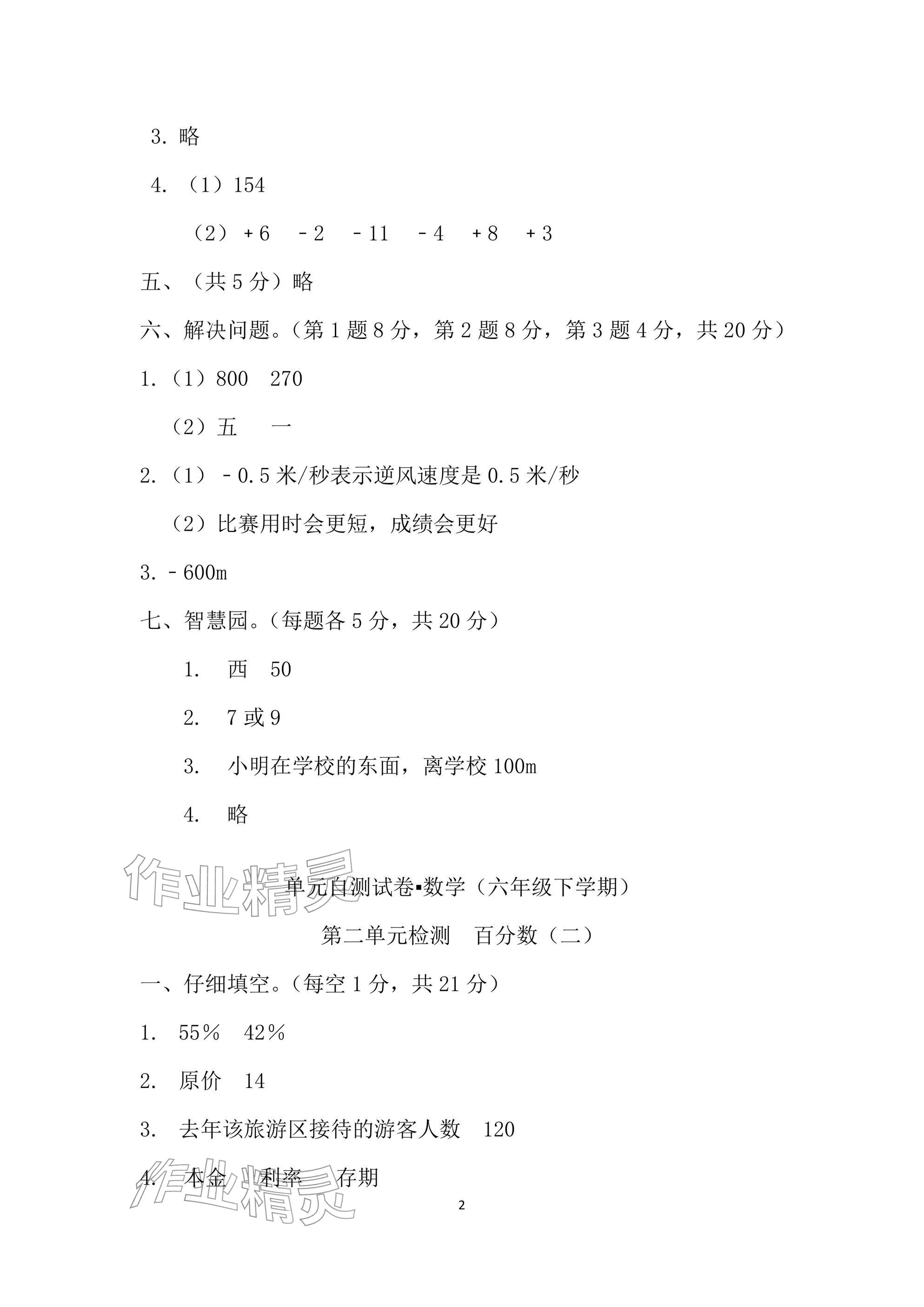 2025年单元自测试卷六年级数学下学期人教版&nbsp;参考答案第2页