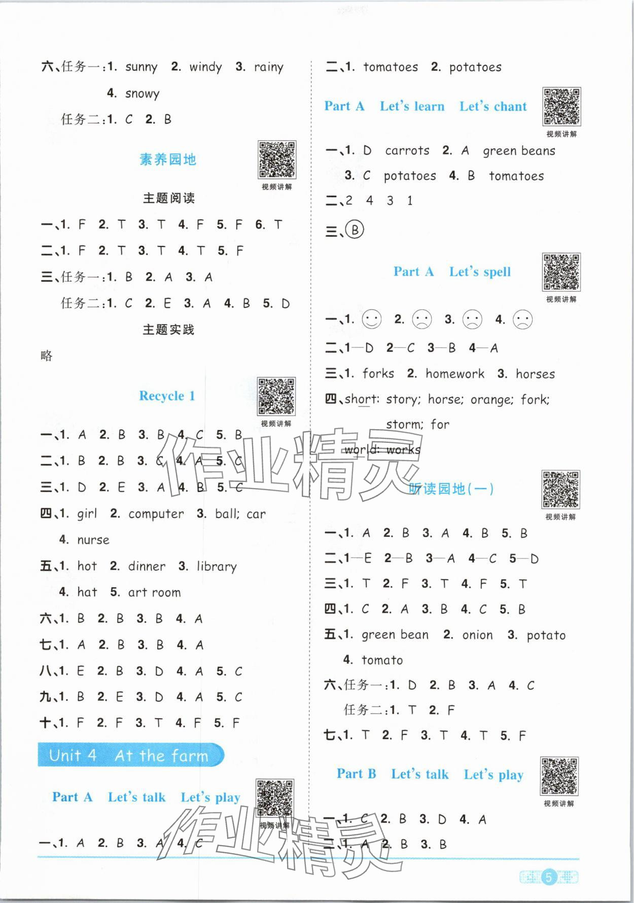 2024年阳光同学课时优化作业四年级英语下册人教PEP版&nbsp;参考答案第5页