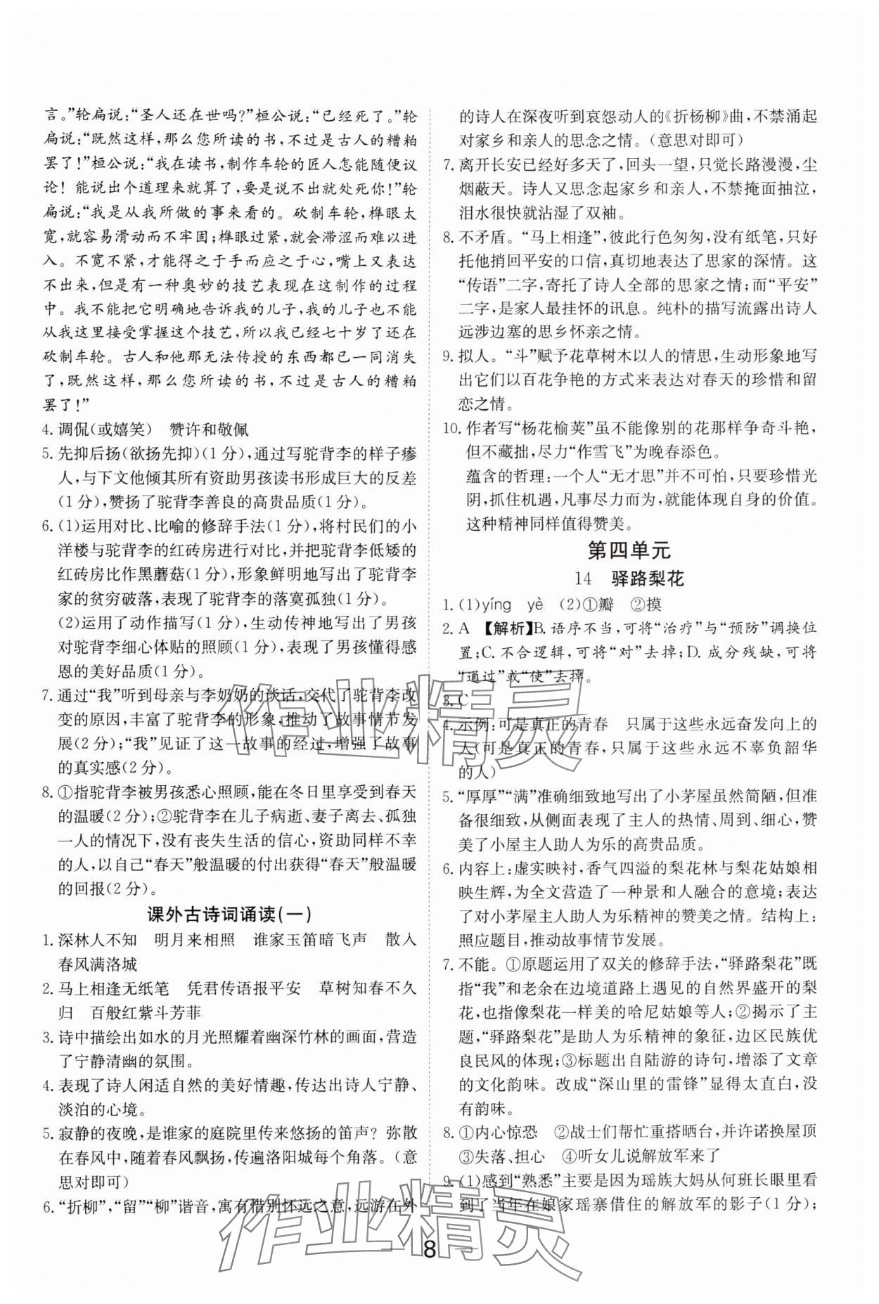 2025年我的作业七年级语文下册人教版河南专版&nbsp;参考答案第8页