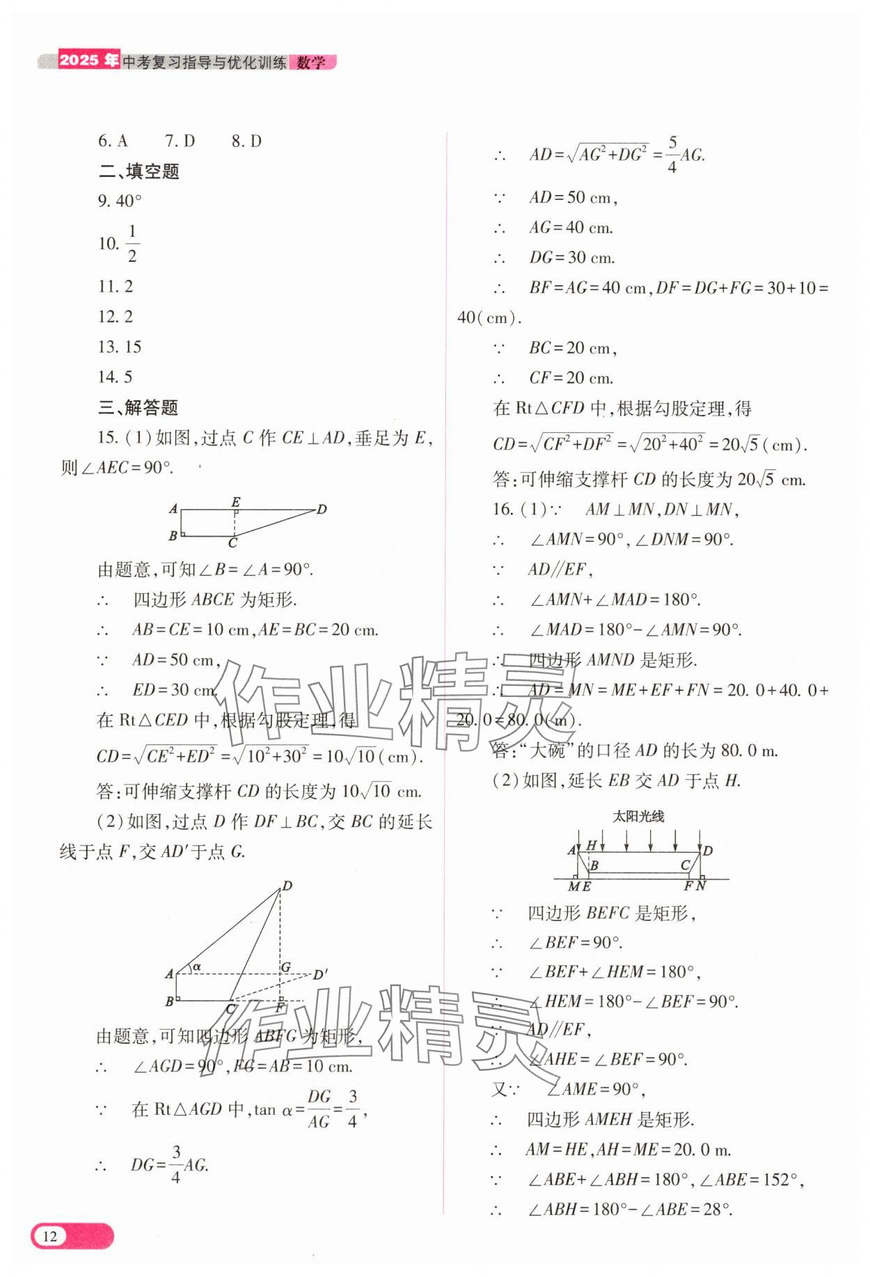 2025年中考复习指导与优化训练数学&nbsp;参考答案第12页