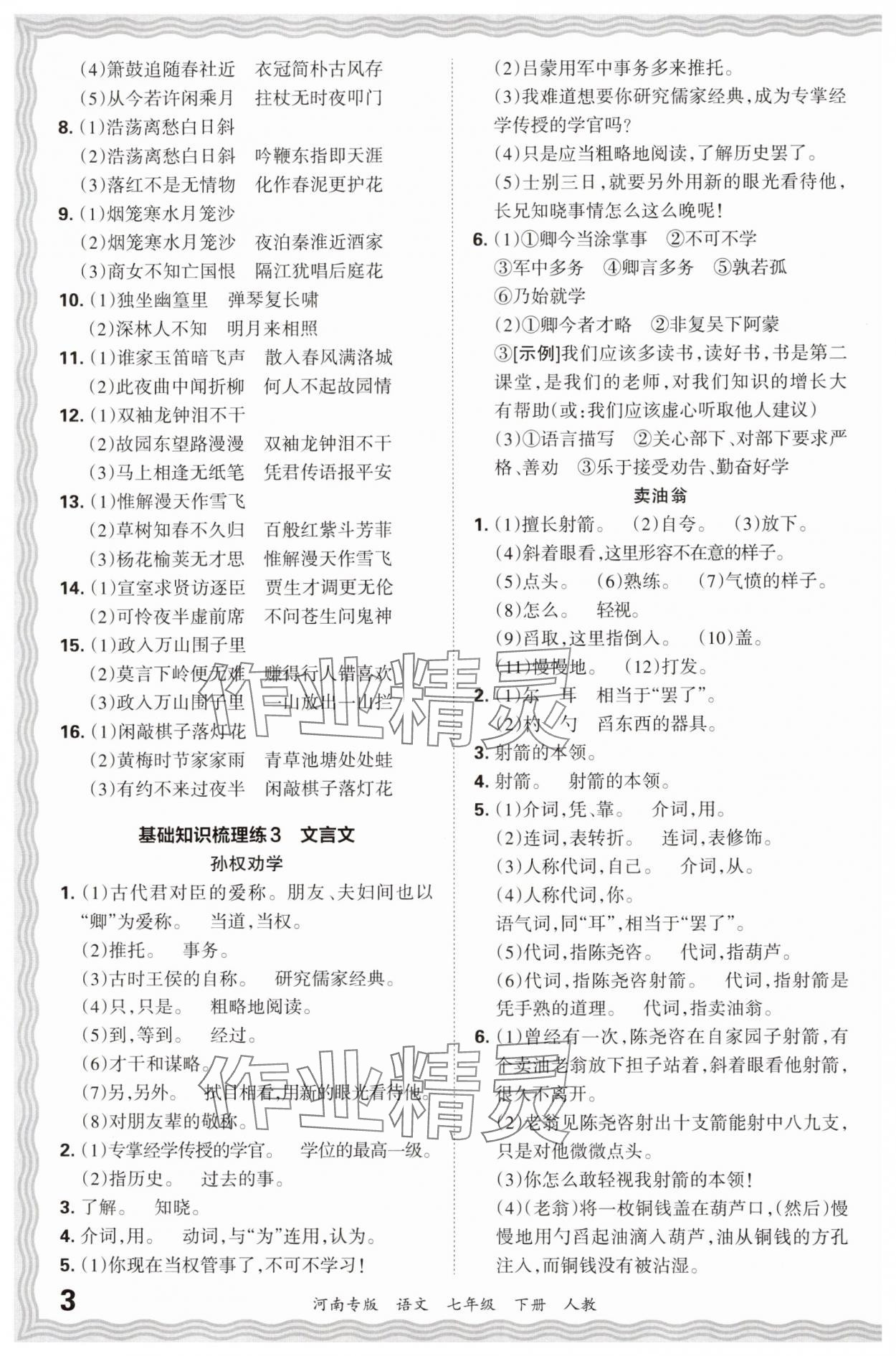 2024年王朝霞各地期末试卷精选七年级语文下册人教版河南专版&nbsp;参考答案第3页