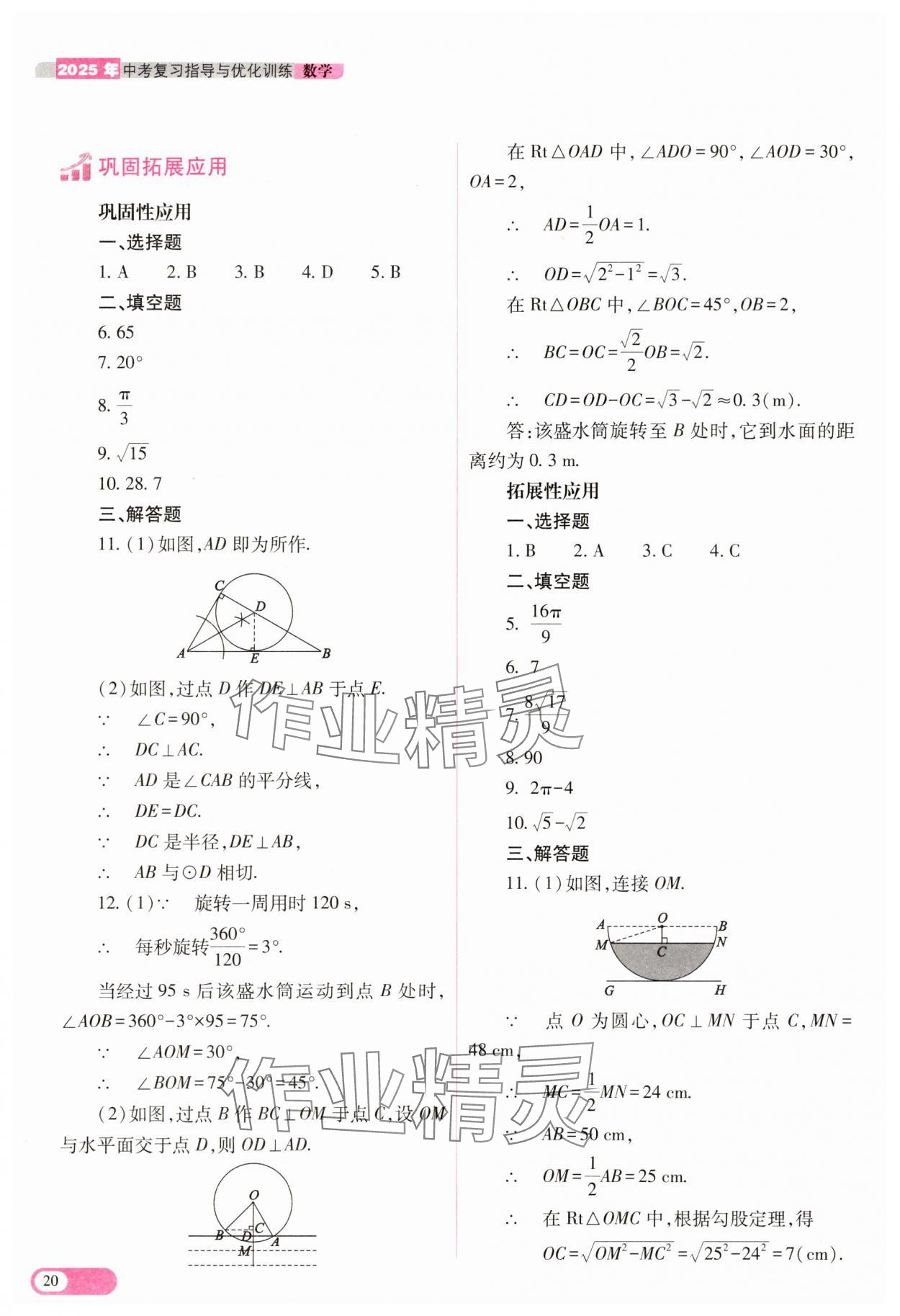 2025年中考复习指导与优化训练数学&nbsp;参考答案第20页