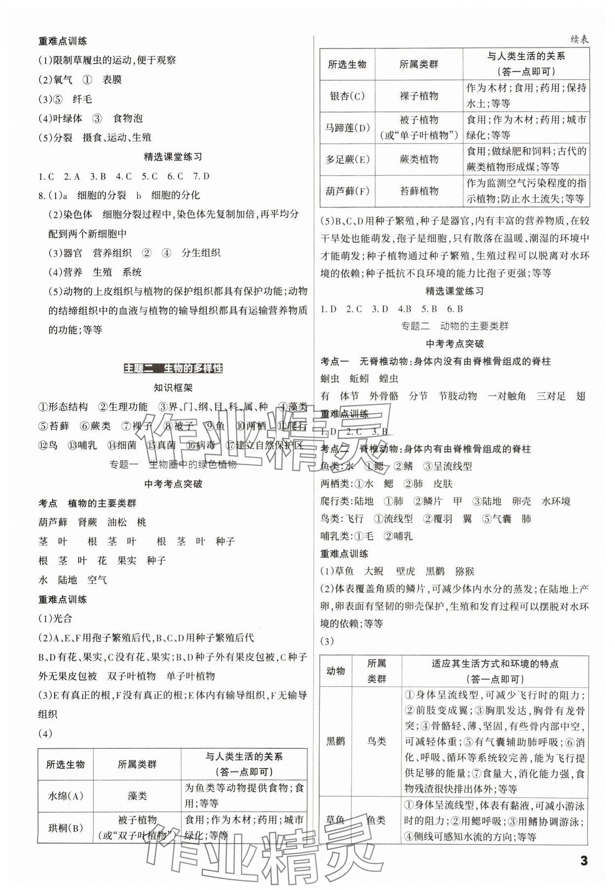 2025年滚动迁移中考总复习生物山西专版&nbsp;参考答案第3页