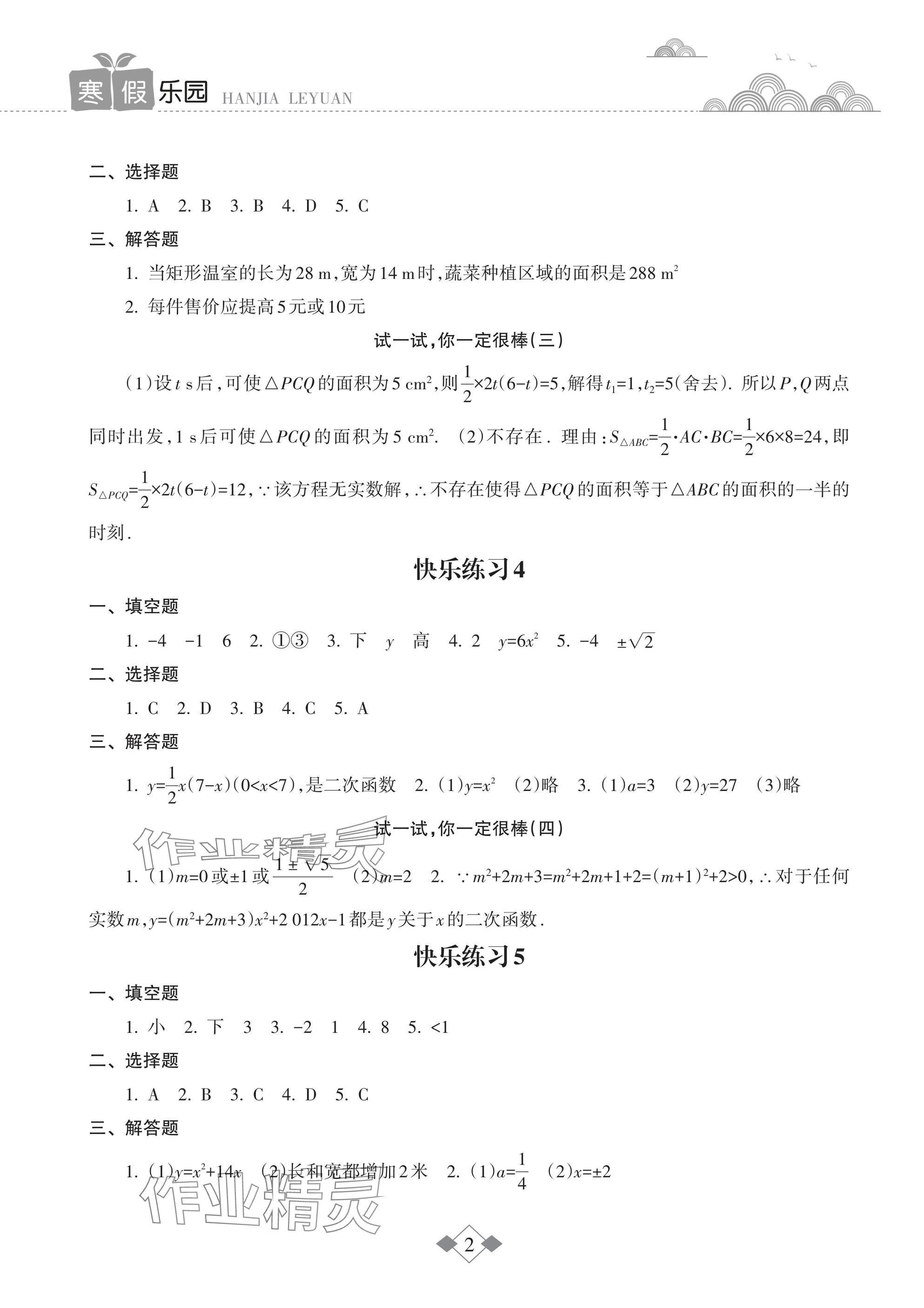 2025年寒假乐园海南出版社九年级数学人教版&nbsp;参考答案第2页