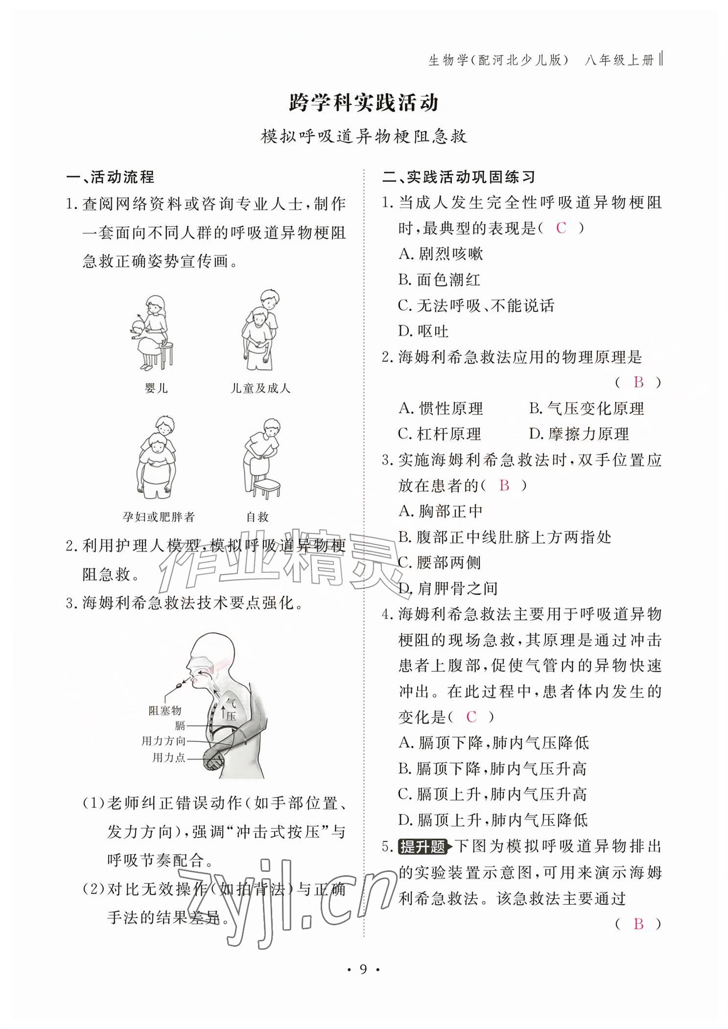 2026年作业本江西教育出版社八年级生物上册冀少版&nbsp;参考答案第9页