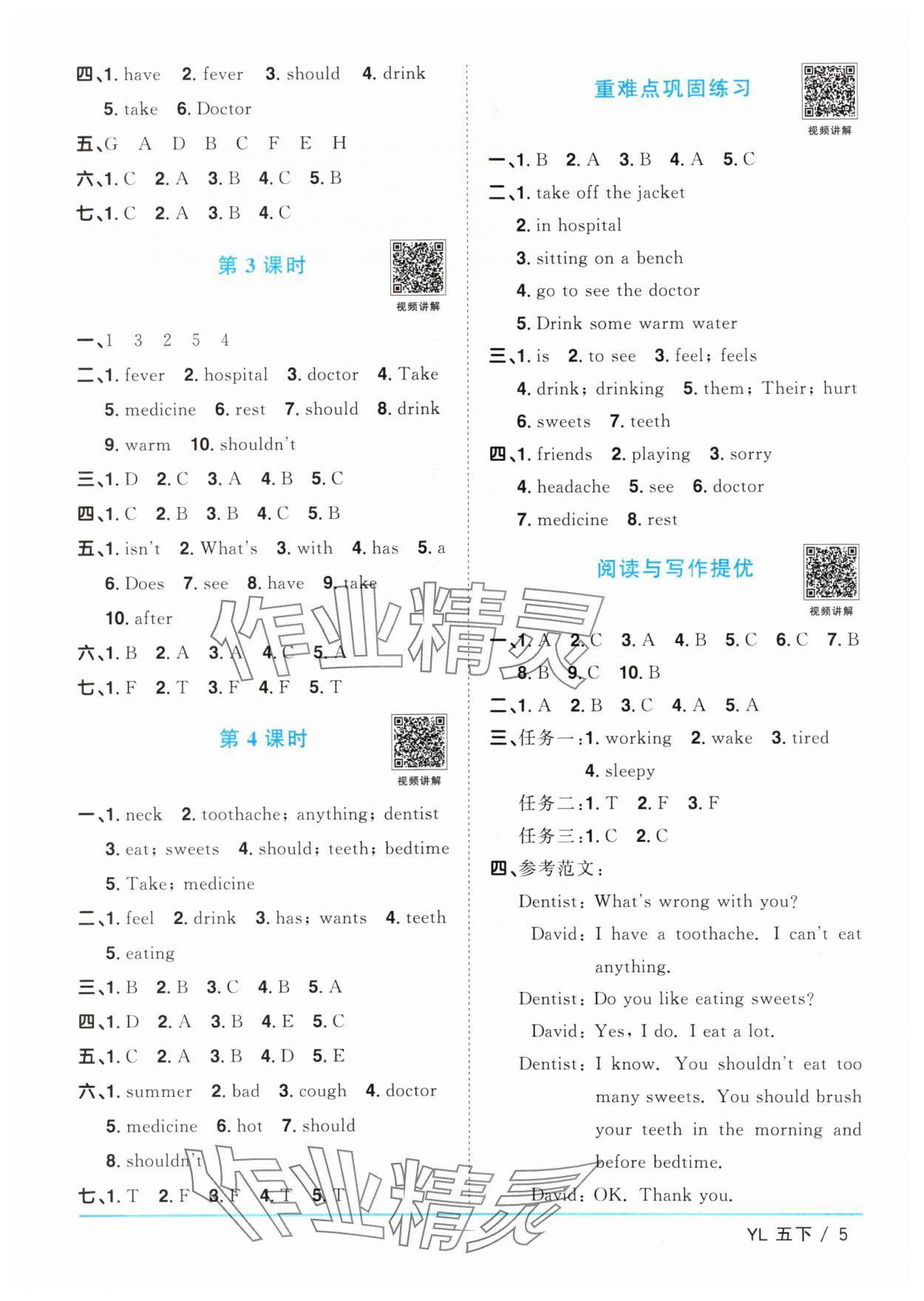 2024年阳光同学课时优化作业五年级英语下册译林版江苏专版&nbsp;参考答案第5页