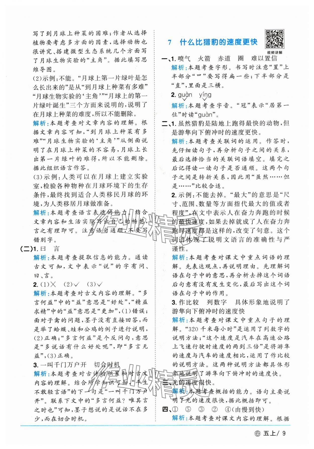 2024年阳光同学课时优化作业五年级语文上册人教版广东专版&nbsp;参考答案第9页
