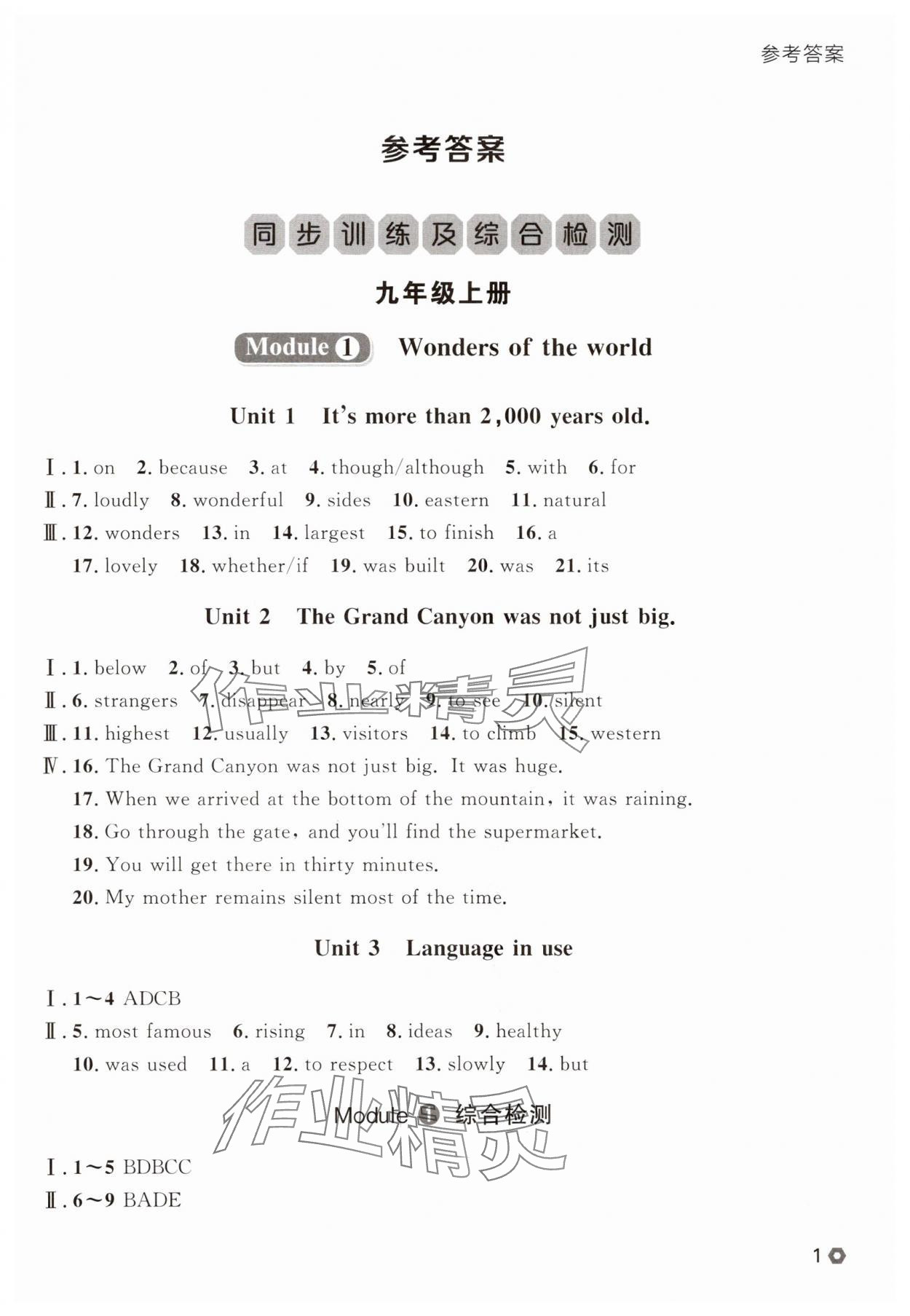 2025年点石成金金牌每课通九年级英语全一册外研版辽宁专版&nbsp;参考答案第1页