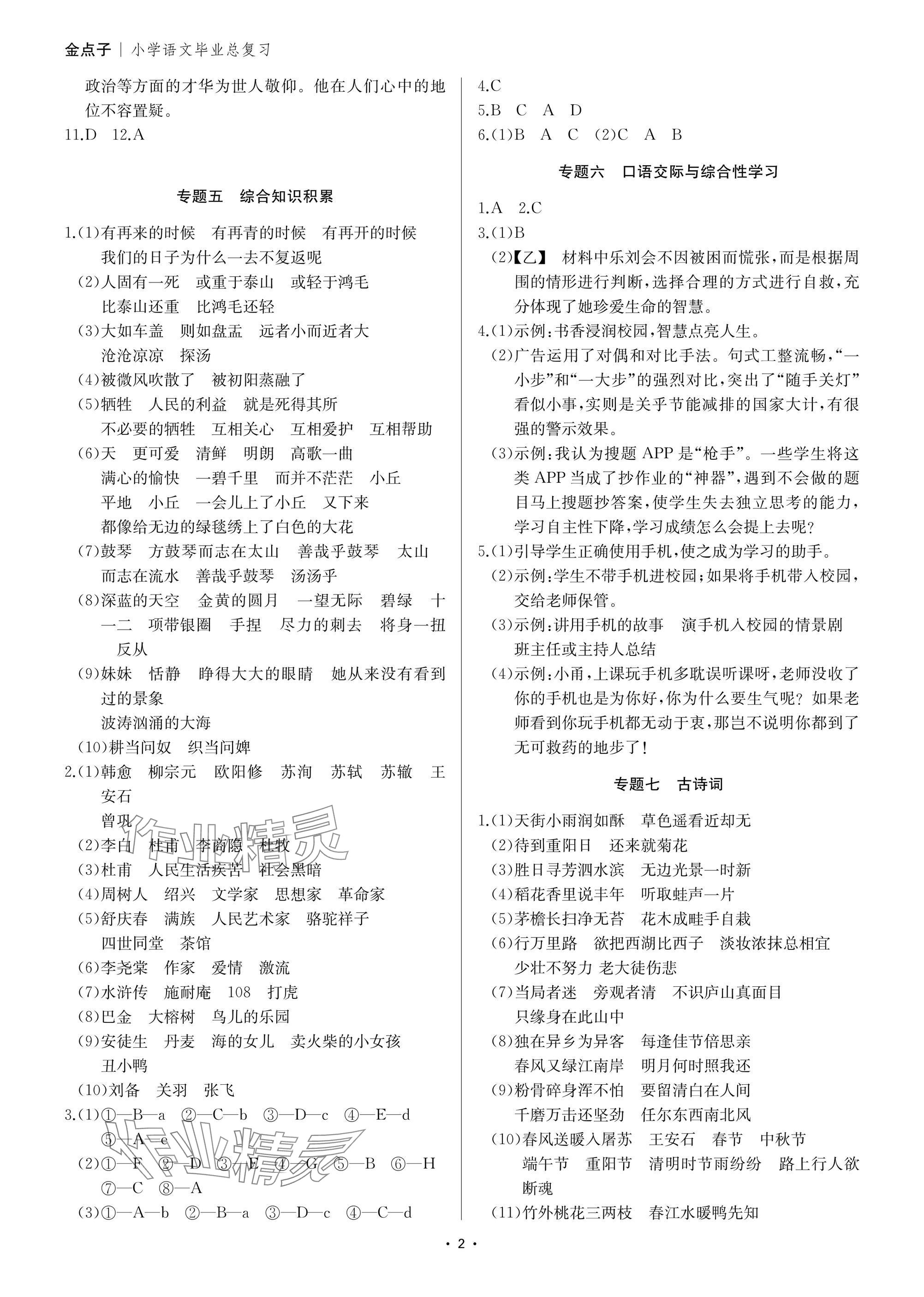 2025年小学毕业总复习语文&nbsp;参考答案第2页